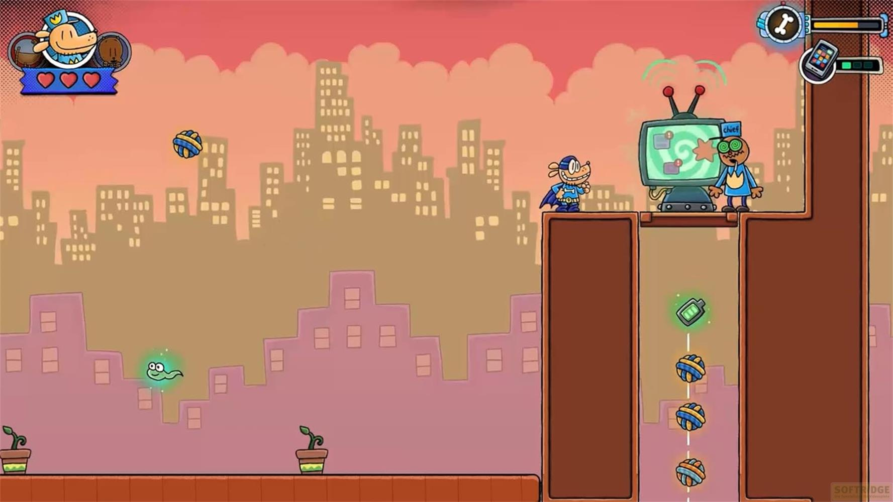 Un jeu de dessin animé dans un décor de ville. Un chien déguisé en super-héros saute.