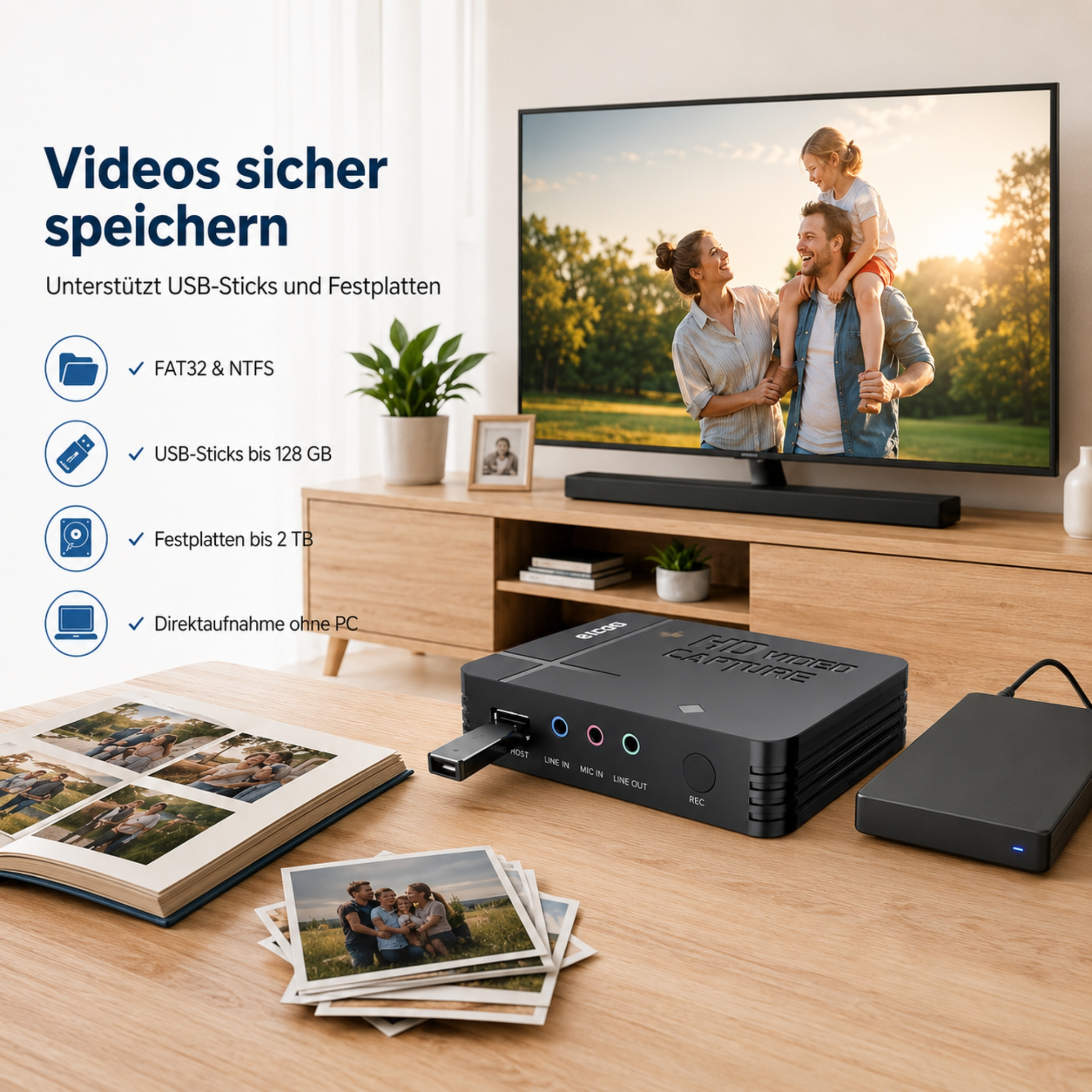 Ein schwarzes Videoaufnahmegerät mit angeschlossenem USB-Stick und Festplatte.