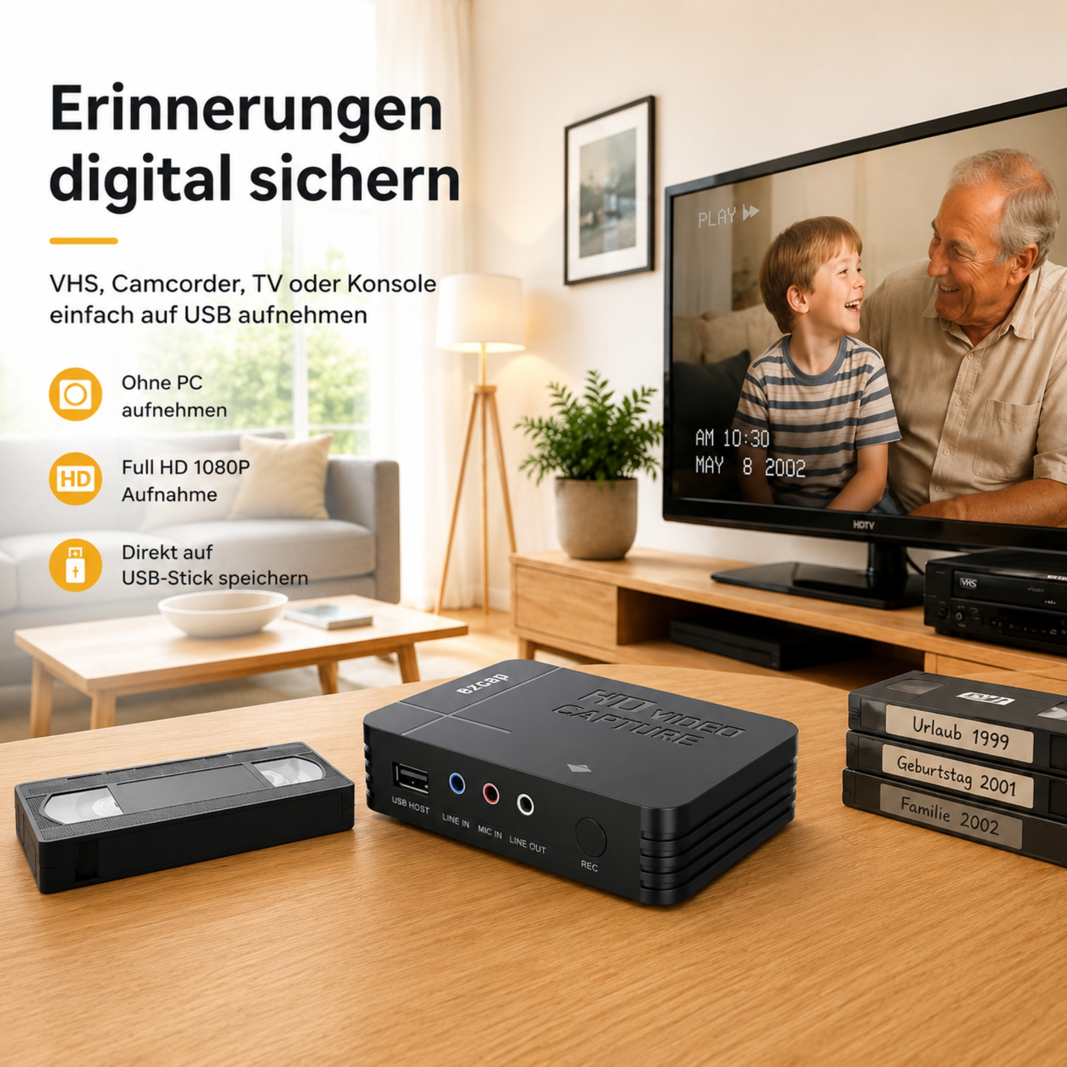 Ein Gerät zur Digitalisierung von VHS, TV und Konsolen mit VHS-Kassette, Gerät und TV im Wohnzimmer.