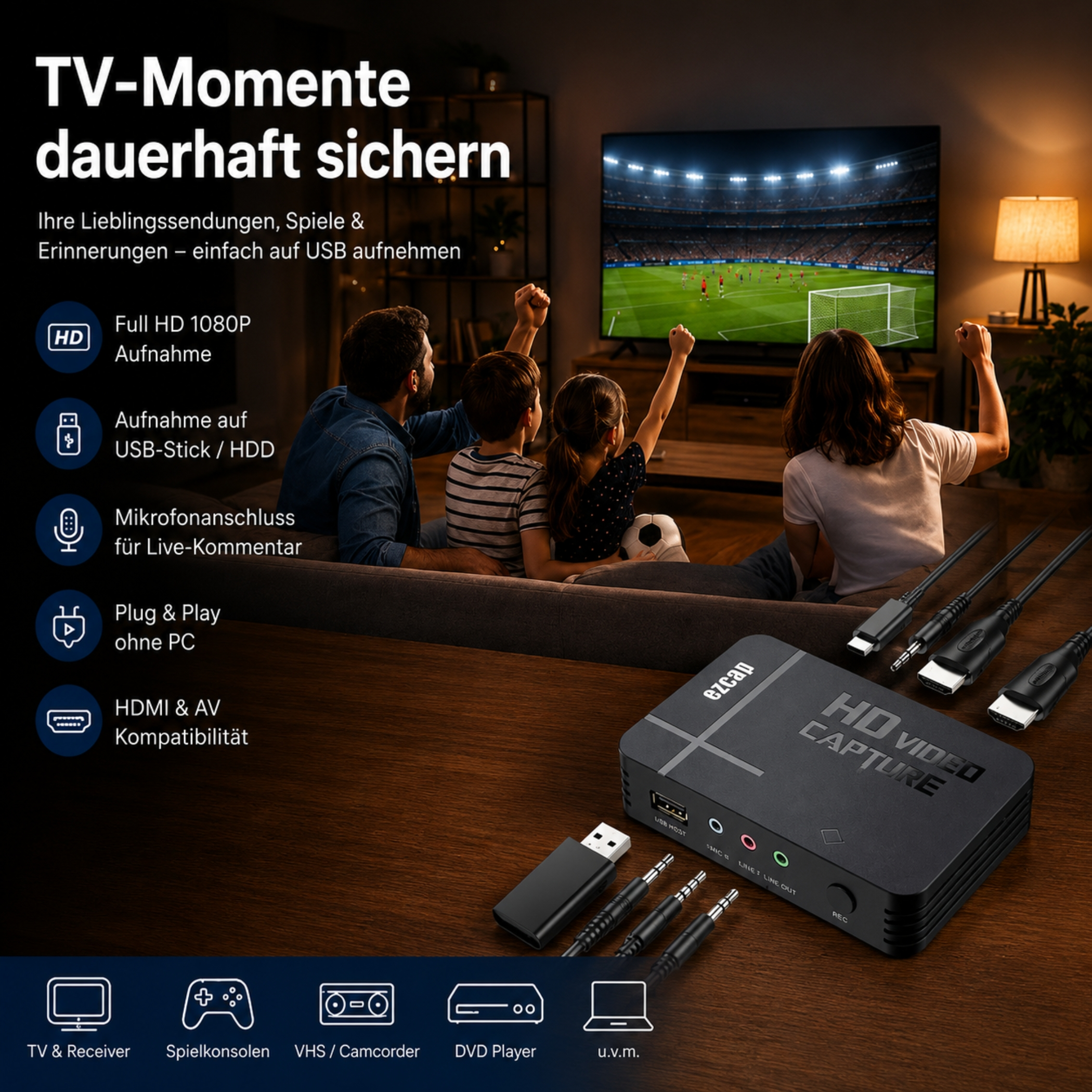 Familie schaut Fußball auf dem Fernseher. Ein HD-Video-Capture-Gerät liegt im Vordergrund.