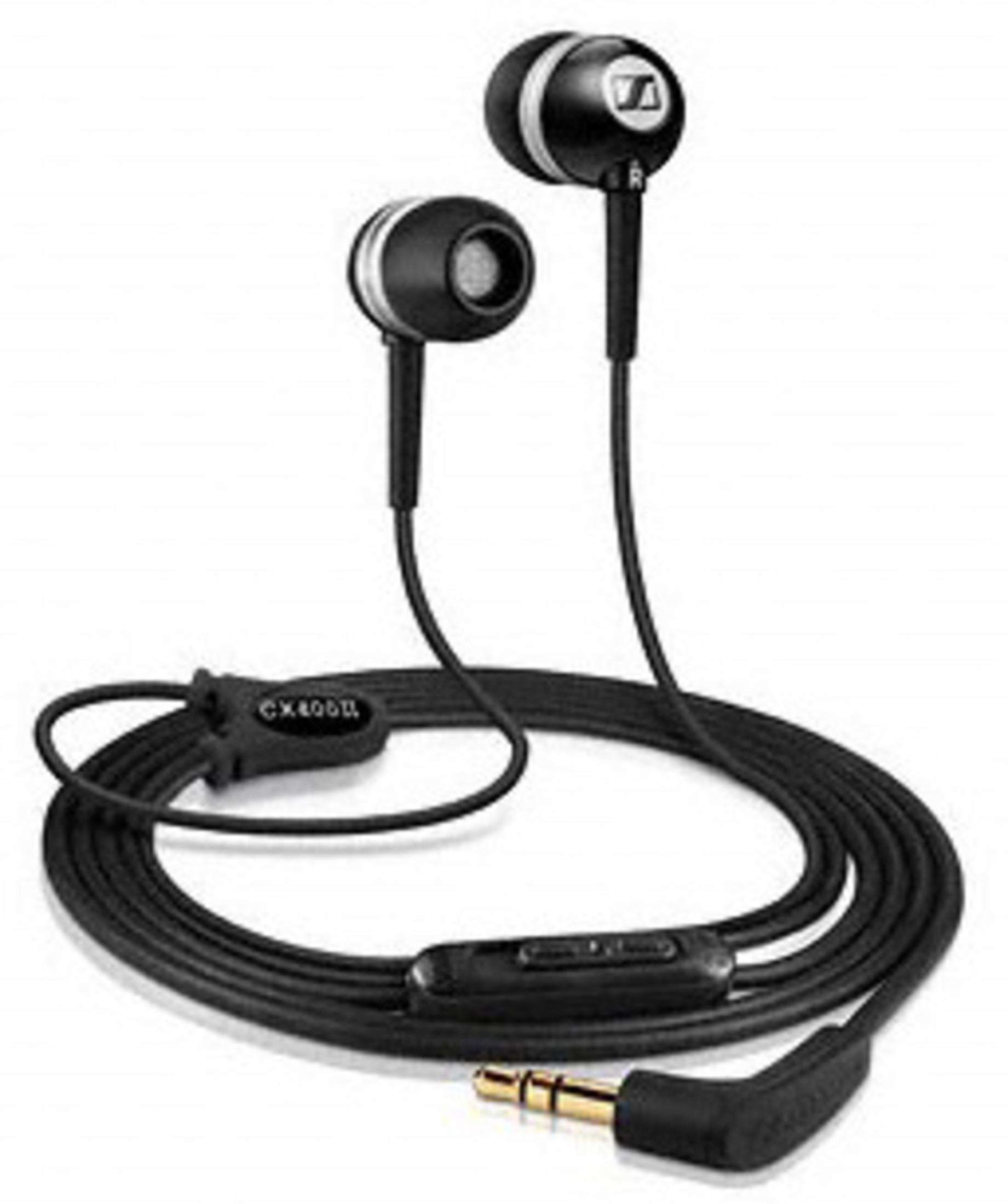 Schwarze Sennheiser In-Ear-Kopfhörer mit silbernen Akzenten und einem L-Stecker.
