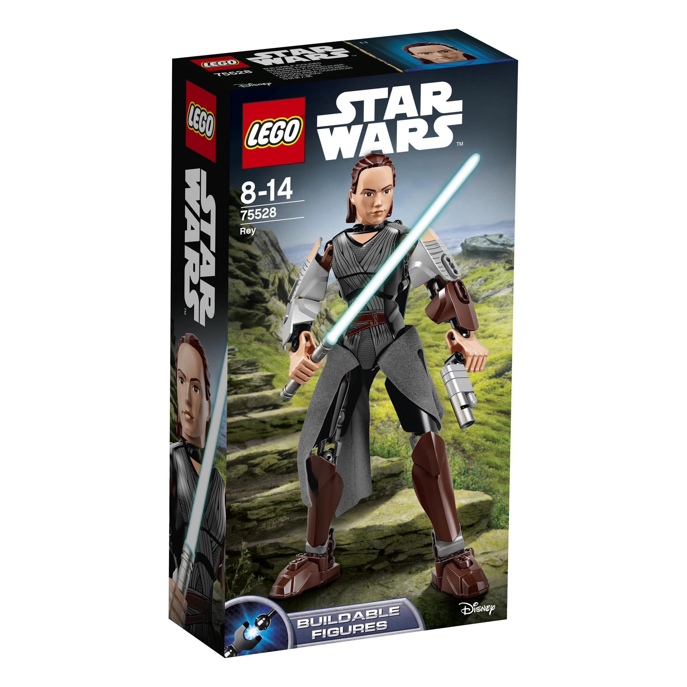 Action figure costruibile di Rey di LEGO Star Wars con spada laser su terreno roccioso.