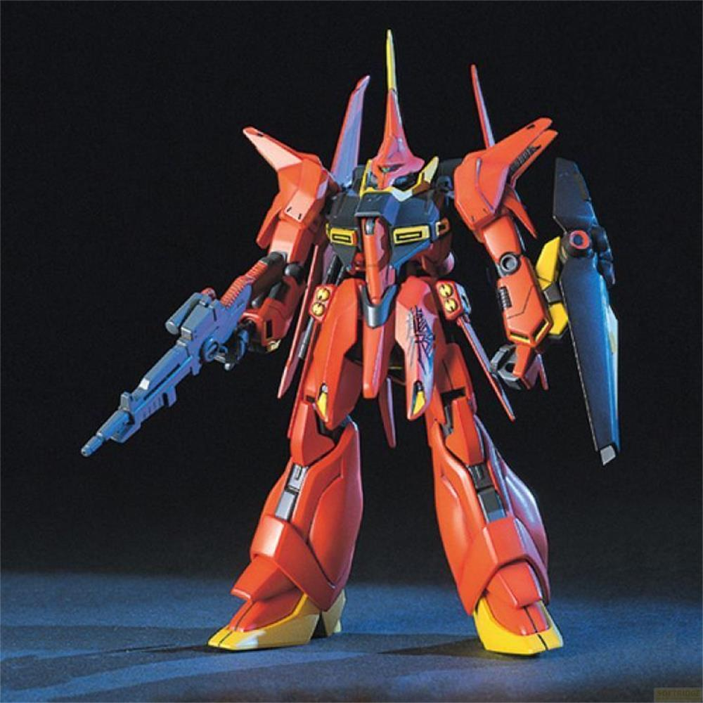 Ein roter und gelber Roboter mit einem blauen Gewehr vor schwarzem Hintergrund.