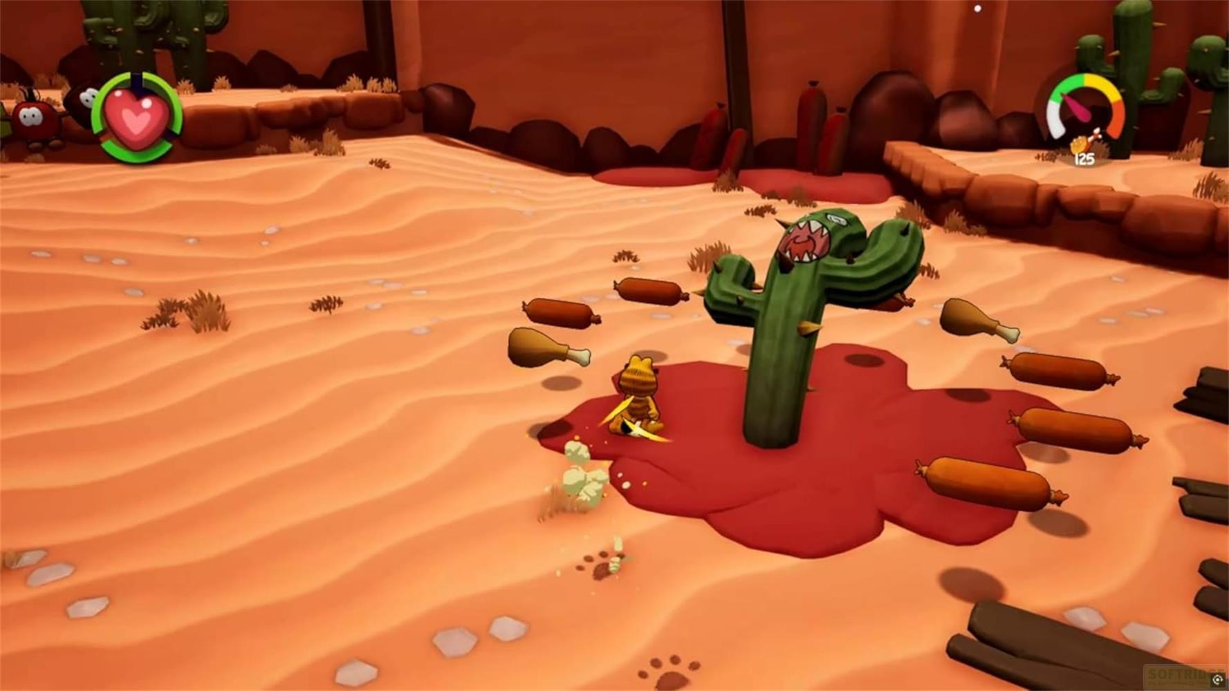 Un cactus de dessin animé avec un visage grimaçant dans un paysage désertique avec des saucisses et des cuisses de poulet.