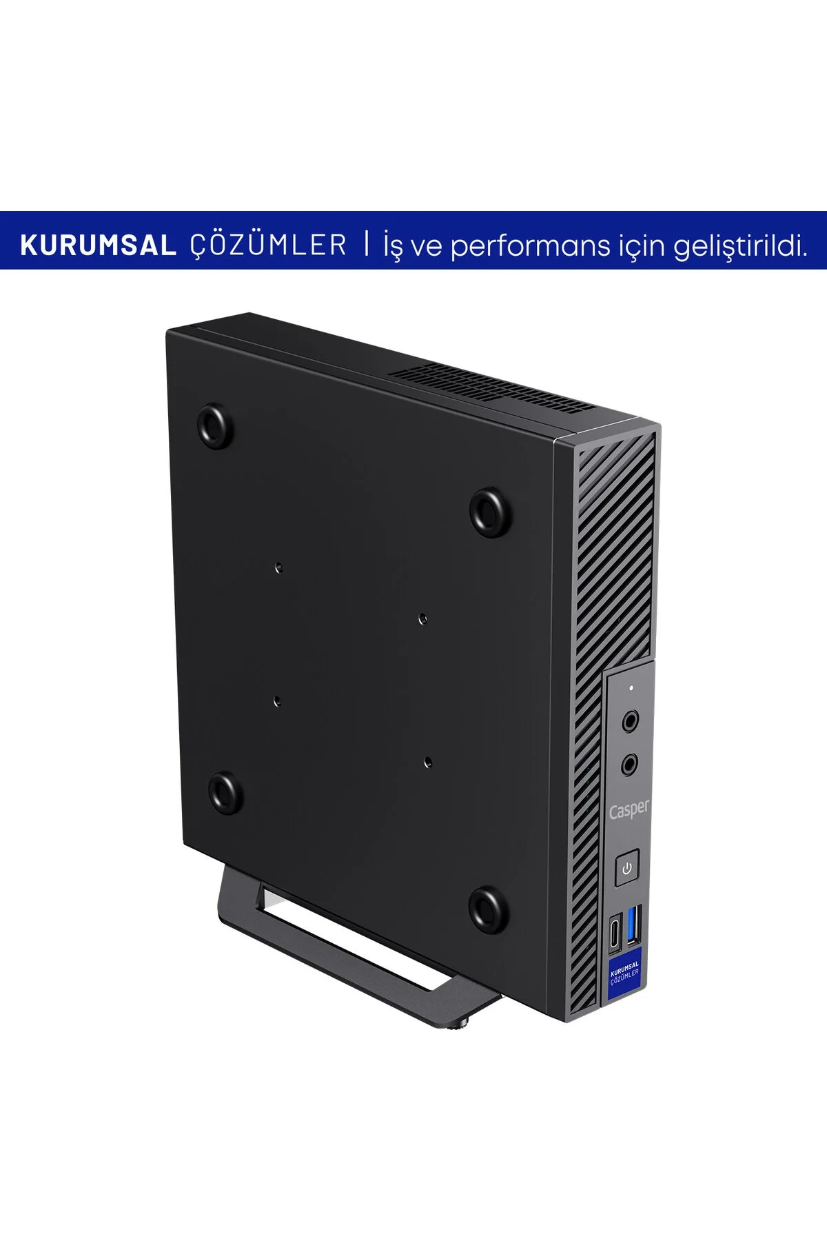 Havalandırma delikleri ve bağlantı noktaları olan siyah Casper mini PC.