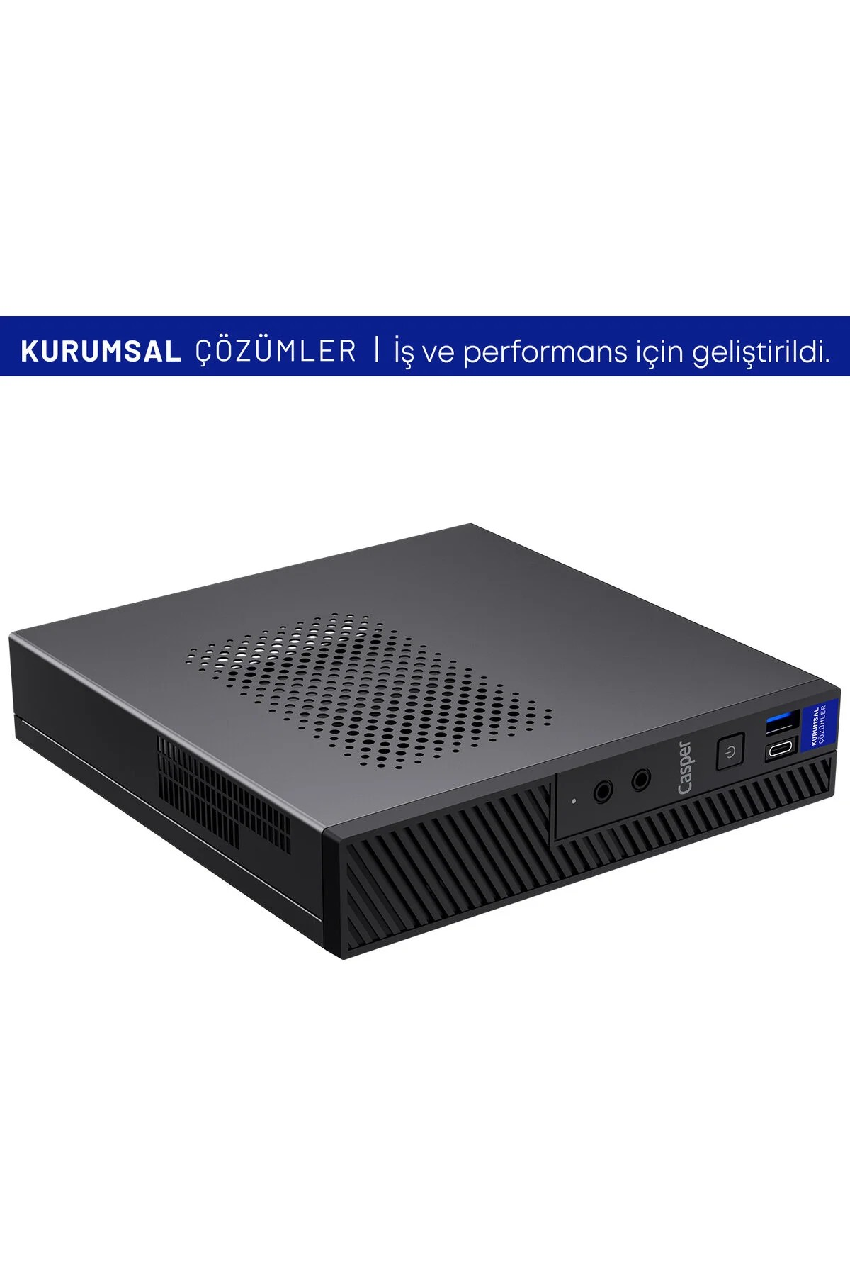 Havalandırma delerine ve portlara sahip siyah Casper mini PC.