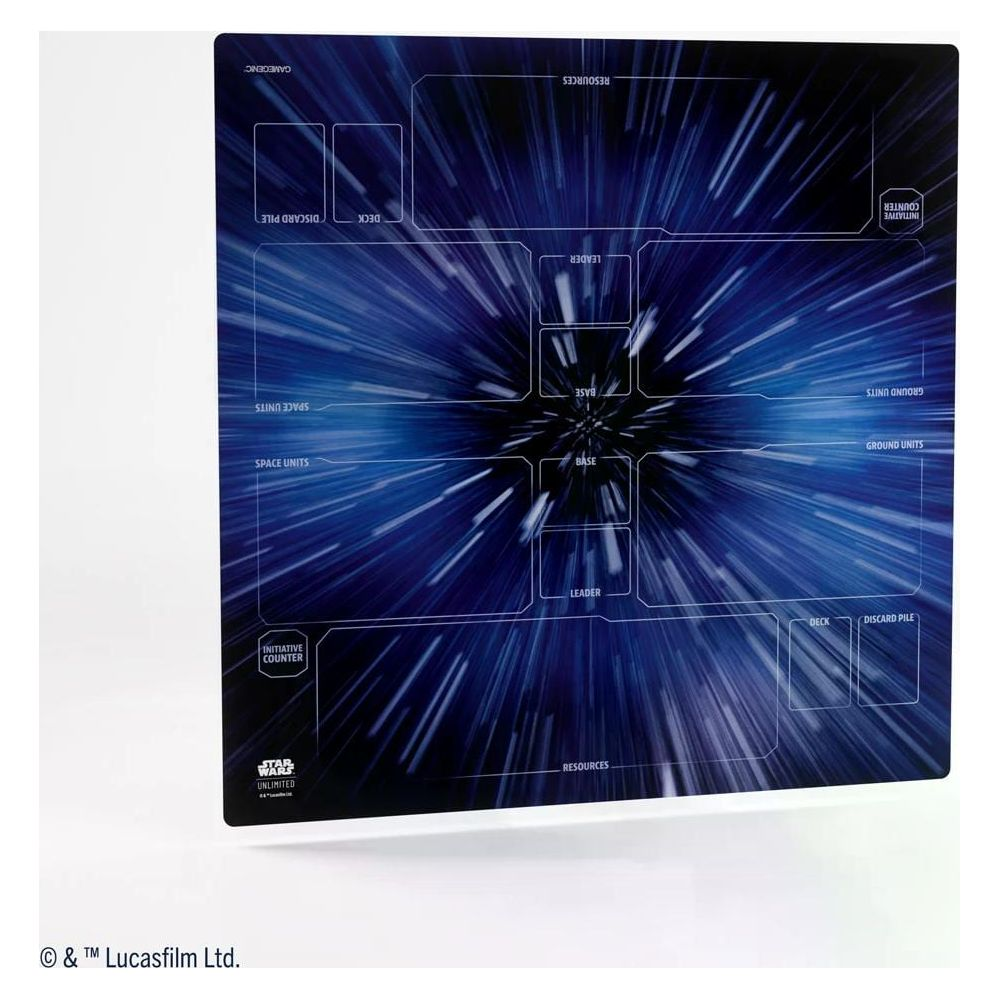 Star Wars Unlimited Spielbrett mit blauen Warp-Effekten und Bereichen für Karten.