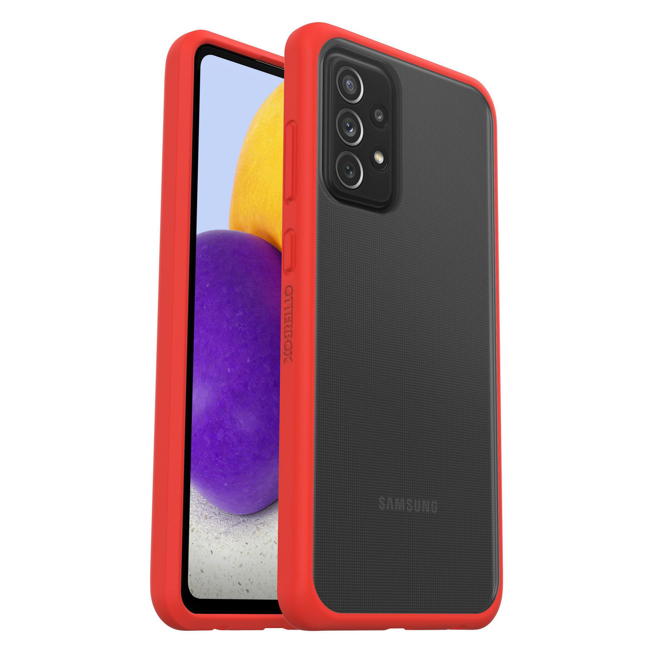 Ein rotes Samsung-Handyhülle mit schwarzem Einsatz und Kameraöffnung.