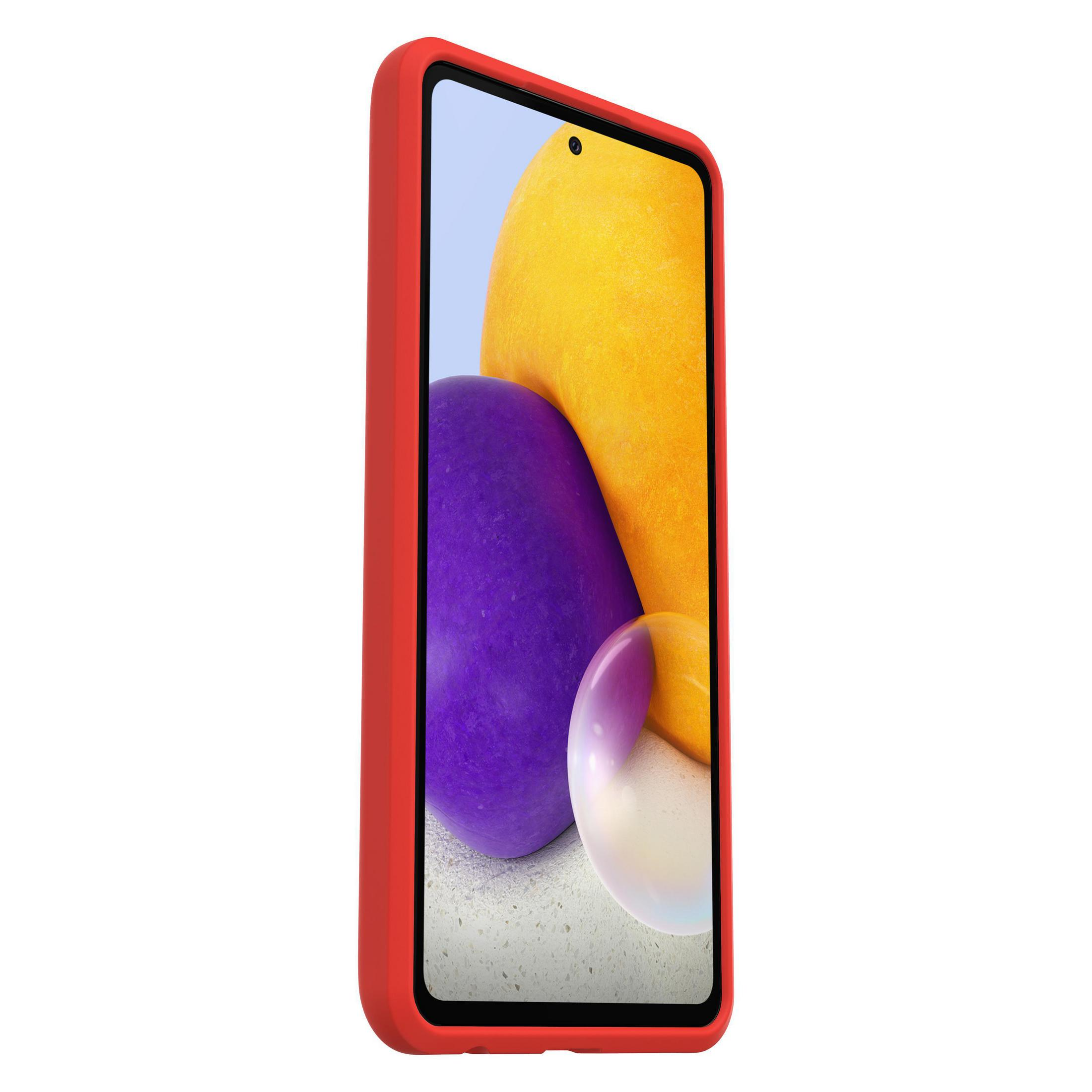 Ein rotes Handy in einer Hülle mit bunten Kugeln auf dem Bildschirm.