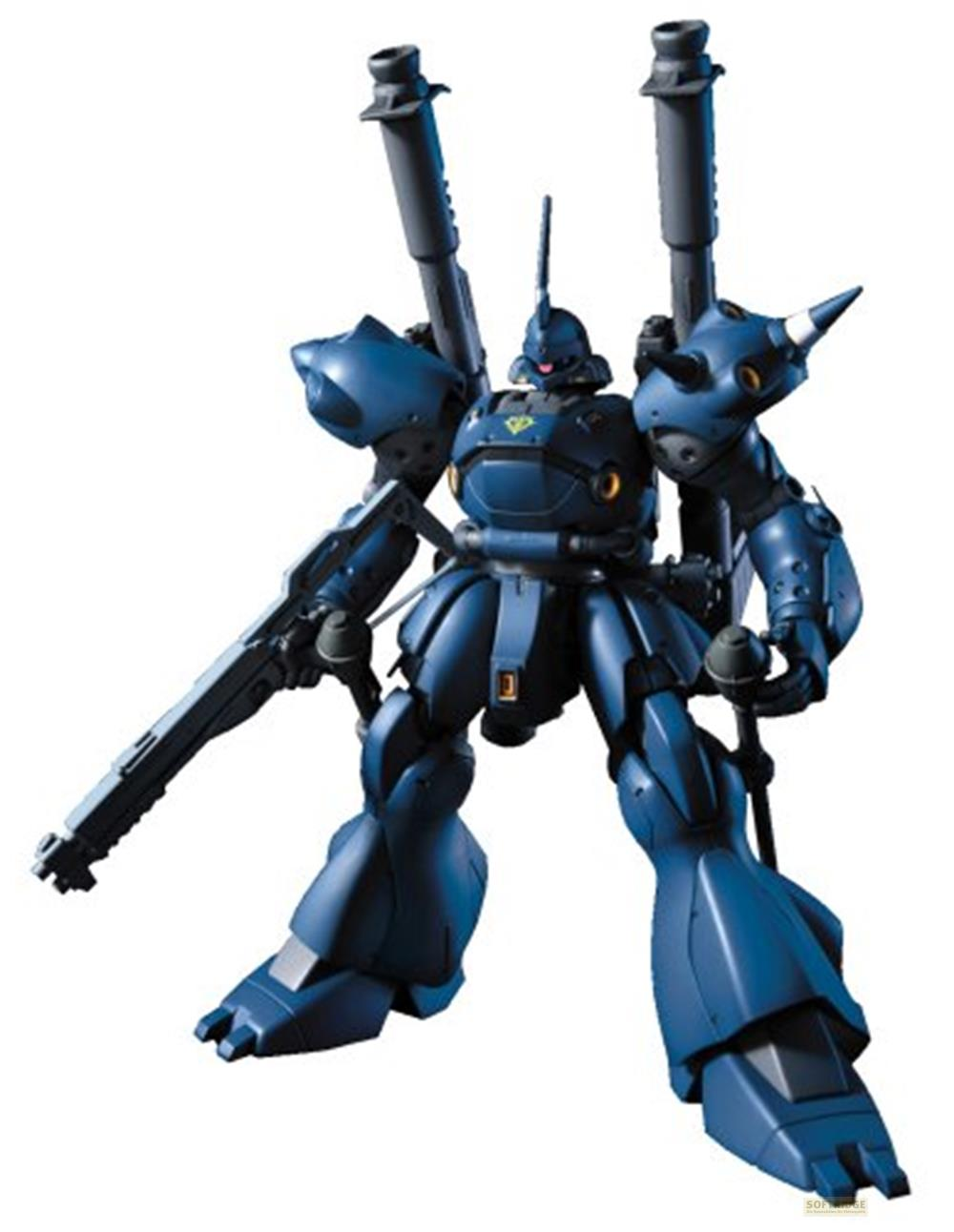 Ein blauer Roboter mit zwei großen Raketen auf dem Rücken und einer Waffe.