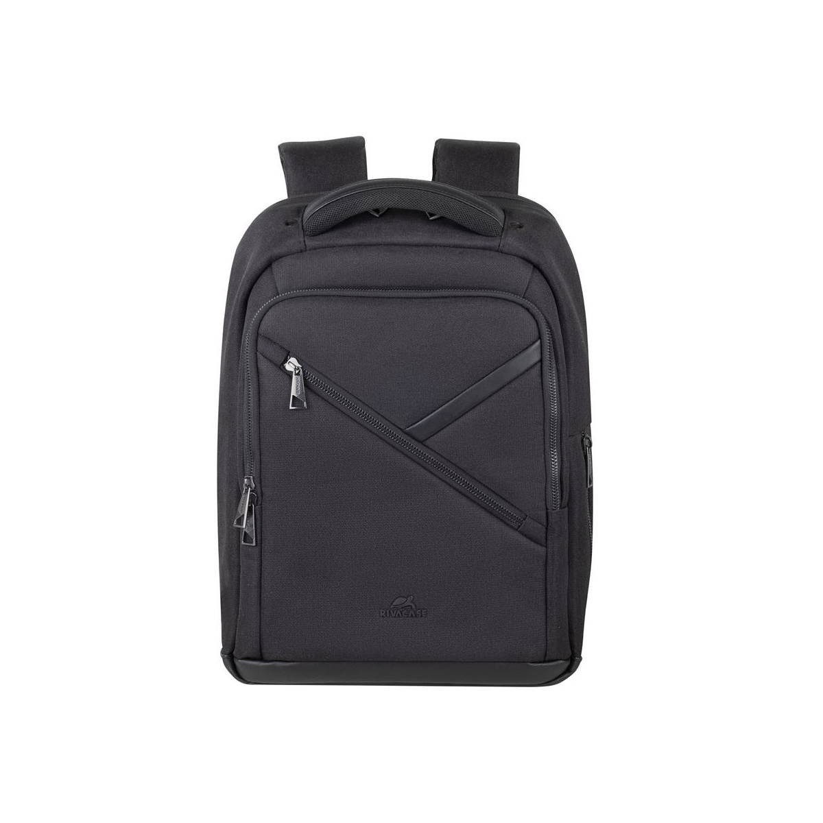 Ein schwarzer RIVACASE Rucksack mit Reißverschlussfächern und gepolsterten Trägern.