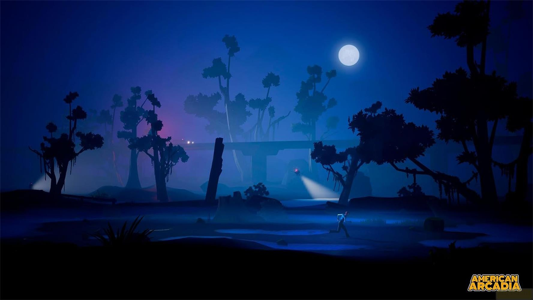 Un uomo corre in una palude nebbiosa sotto la luna piena. Alberi e un ponte in silhouette incombono.