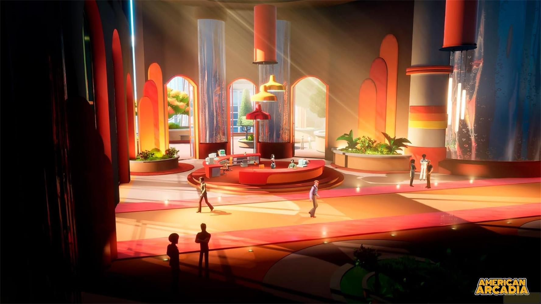 Lobby futuristica con colonne, piante e persone che si muovono sotto il logo 'American Arcadia'.