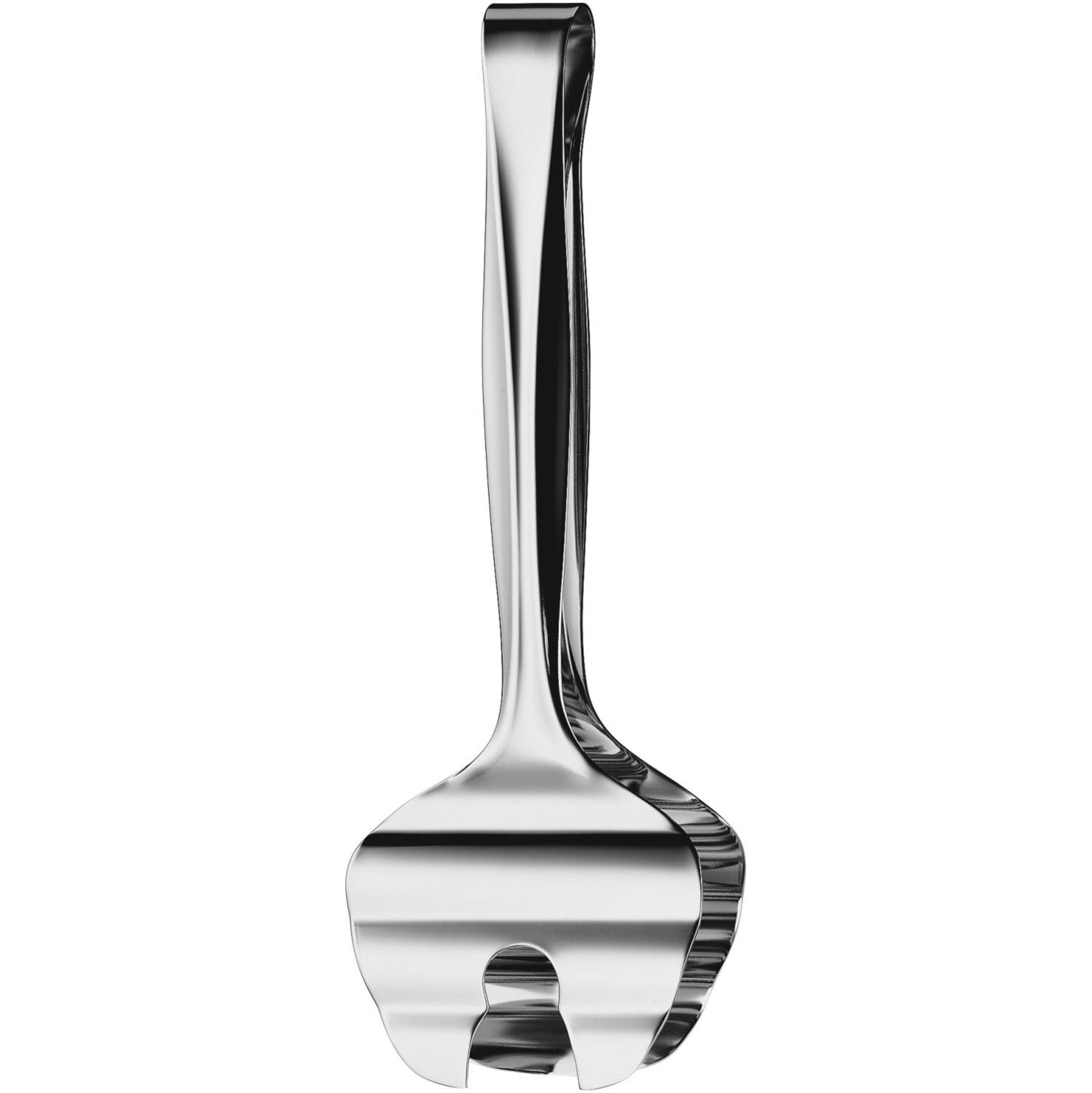 Parlak metal maşa, iki kavisli sapı ve iki tırtıklı ucu vardır.