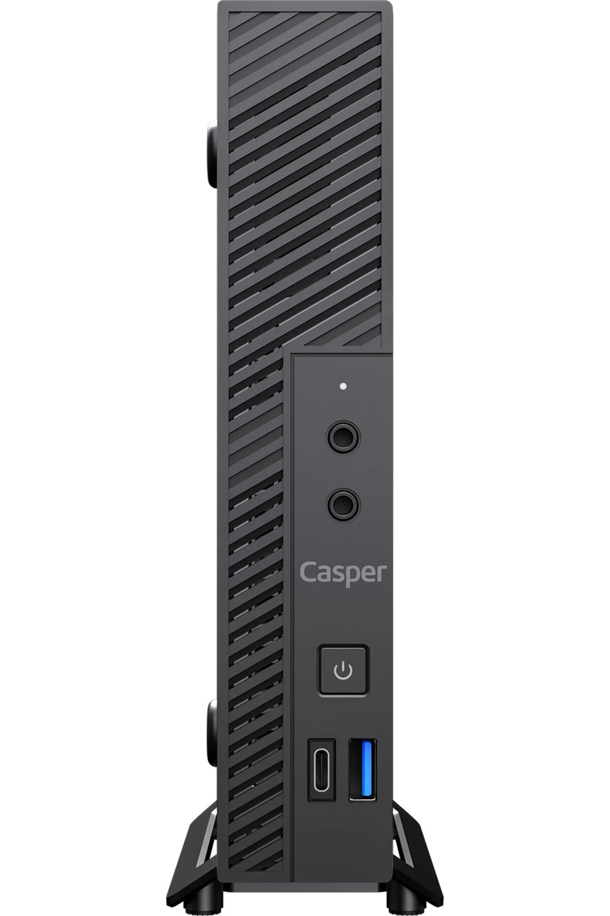 Siyah Casper mini PC, USB bağlantı noktaları ve güç düğmesi.