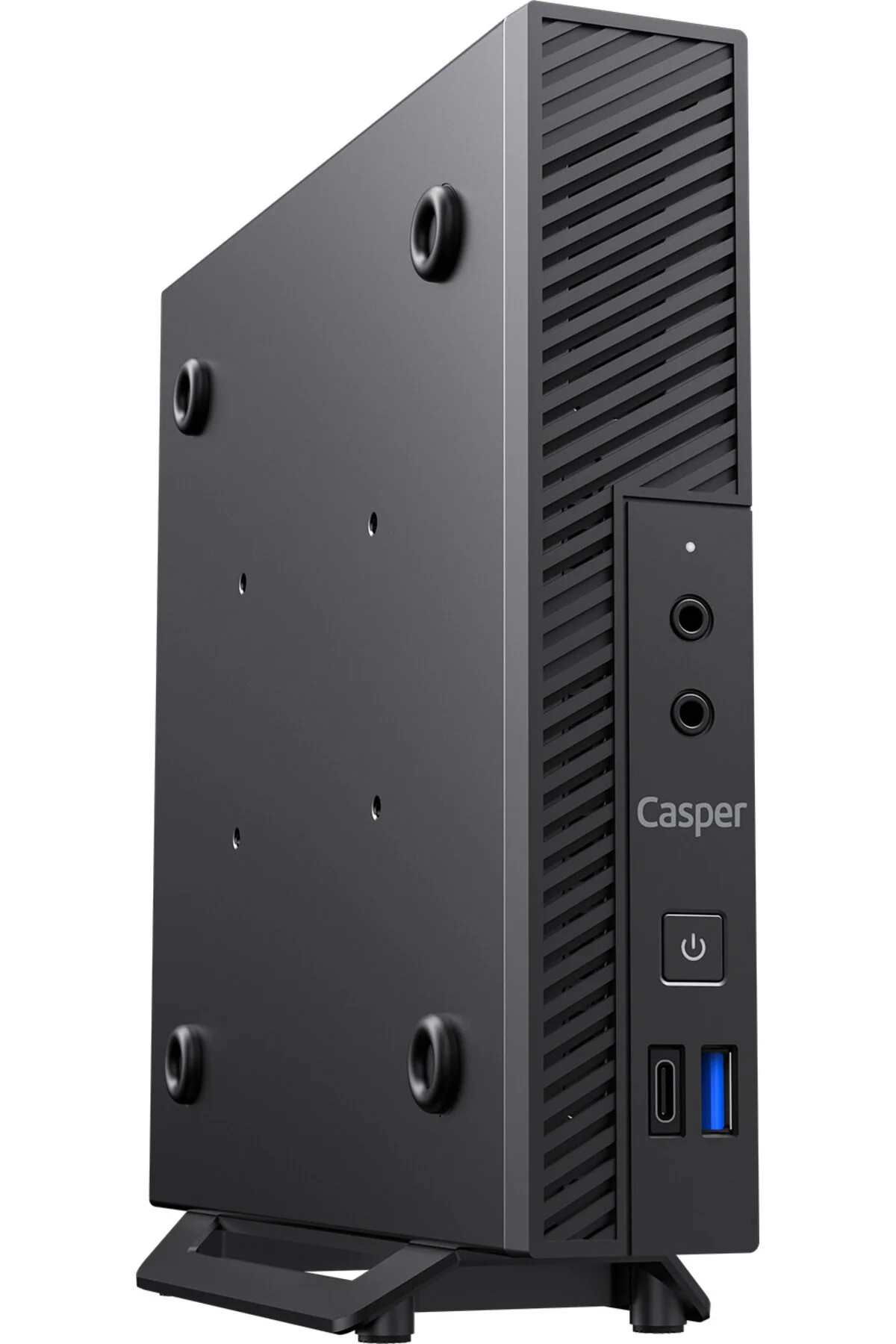 Havalandırma delikleri, bağlantı noktaları ve Casper logosu bulunan siyah mini PC.