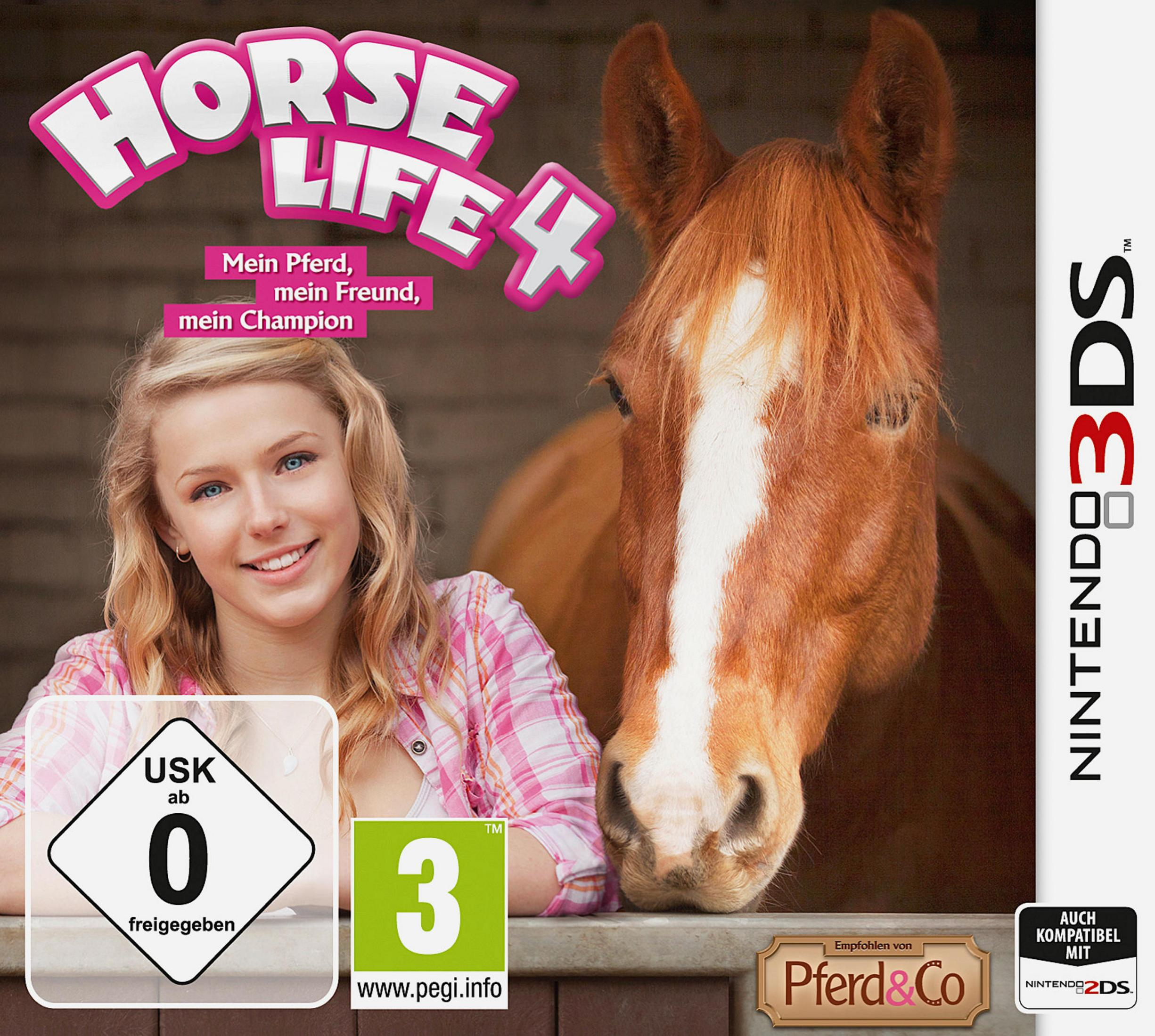 Ein Mädchen lächelt neben einem braunen Pferd, Spielcover für Nintendo 3DS.