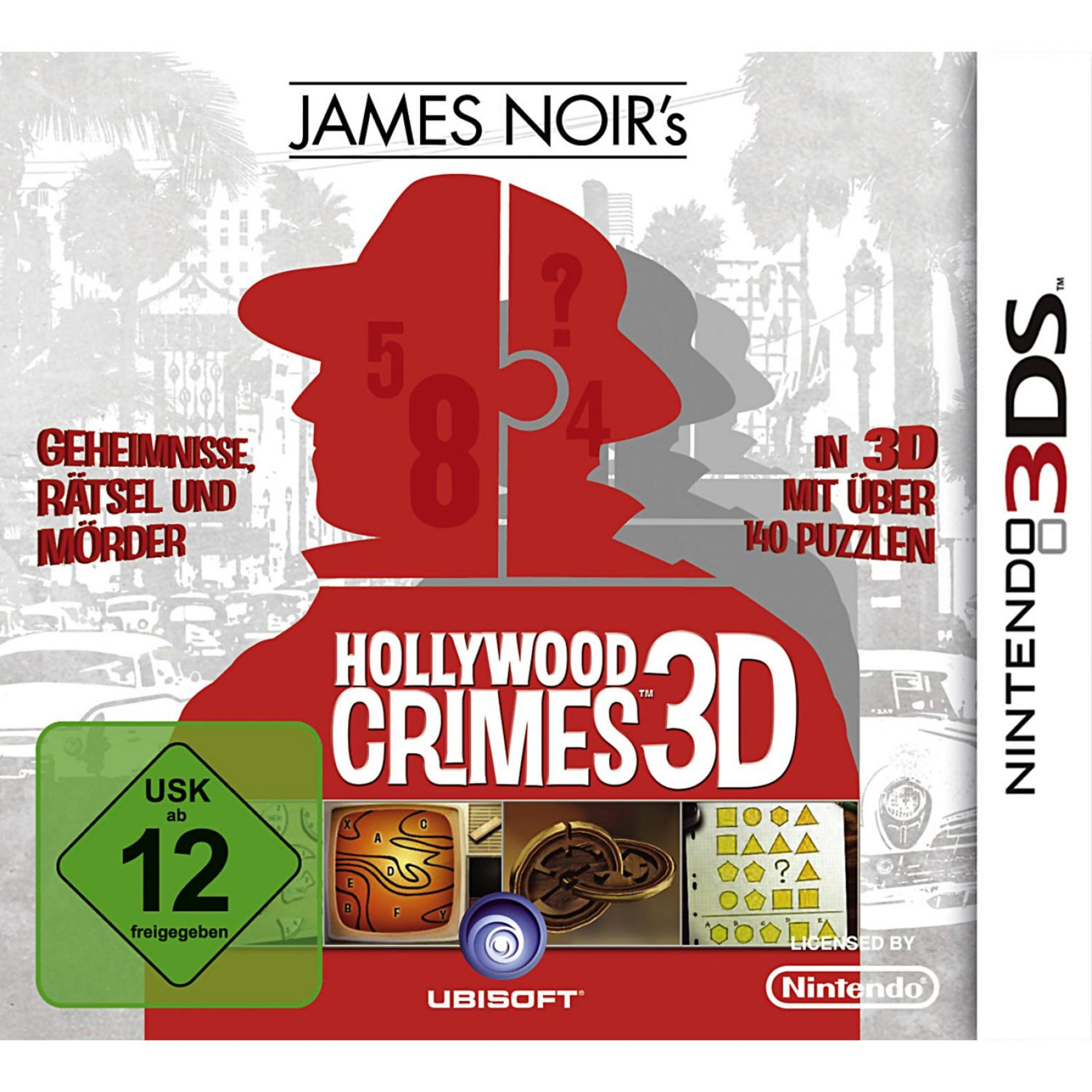 Copertina del gioco James Noir's Hollywood Crimes 3D con fedora rosso, sigillo USK 12 e logo Nintendo 3DS.