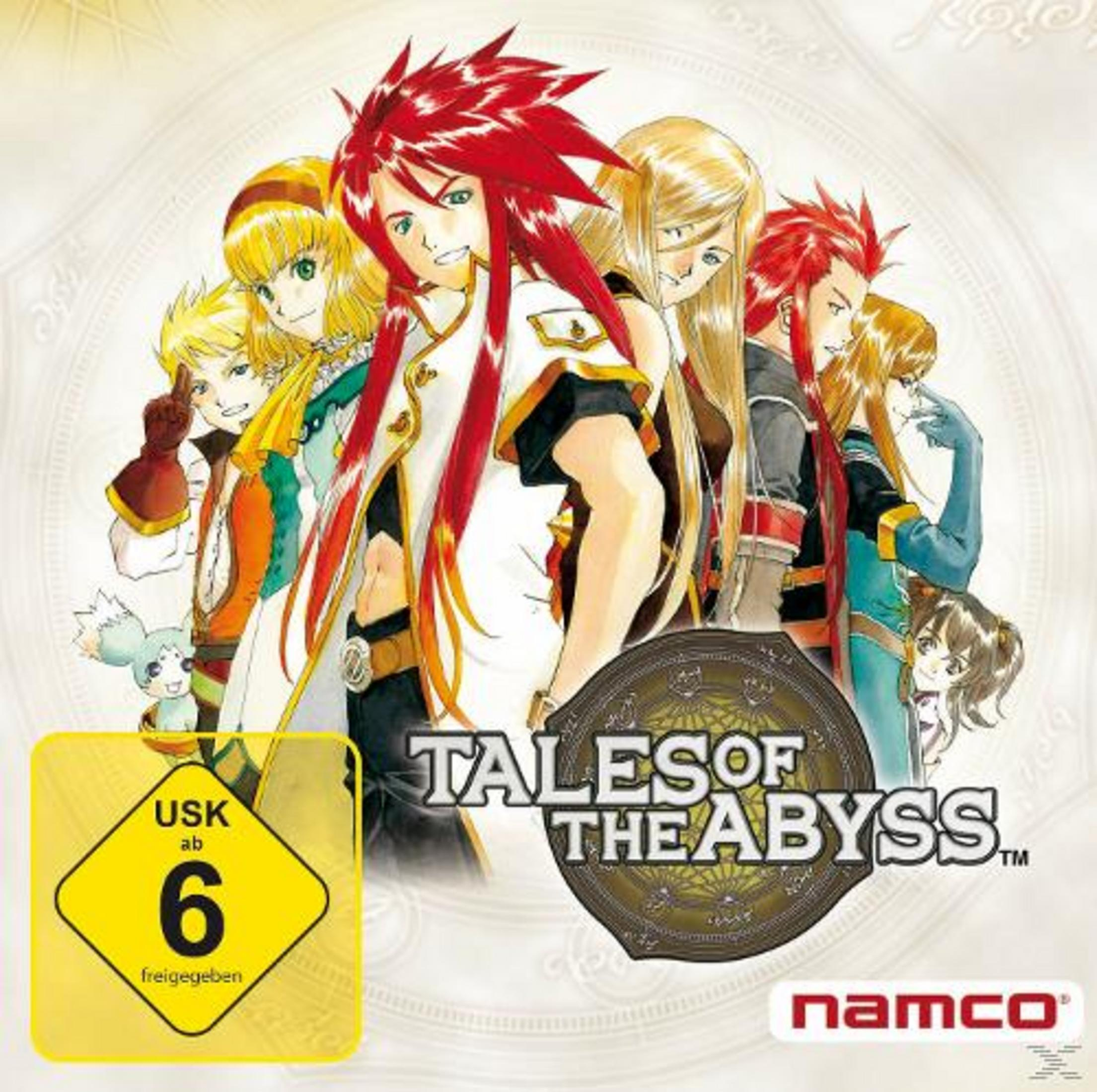 Anime-Charaktere mit roten, blonden und braunen Haaren. Spielt 'Tales of the Abyss'.