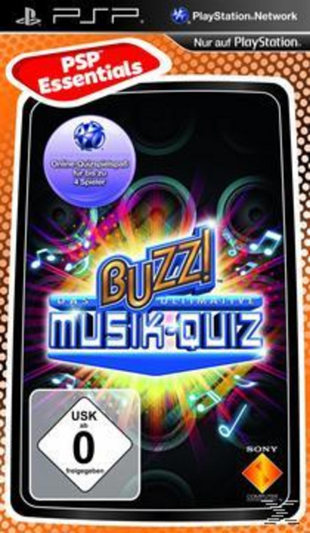 PSP Spiel "Buzz! Das ultimative Musik-Quiz" mit USK 0 Siegel und Sony Logo.