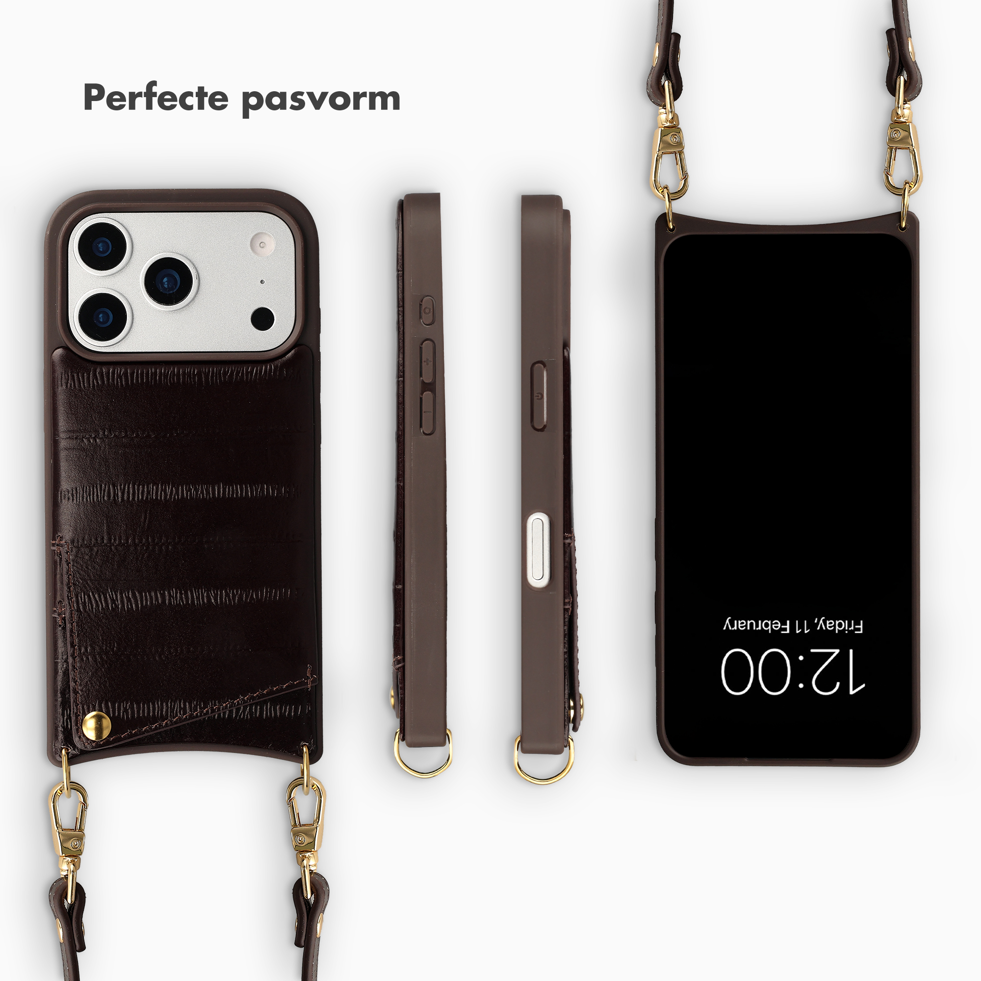Braune Handyhülle mit Krokoprägung, drei Ansichten, mit Riemen und goldener Hardware.