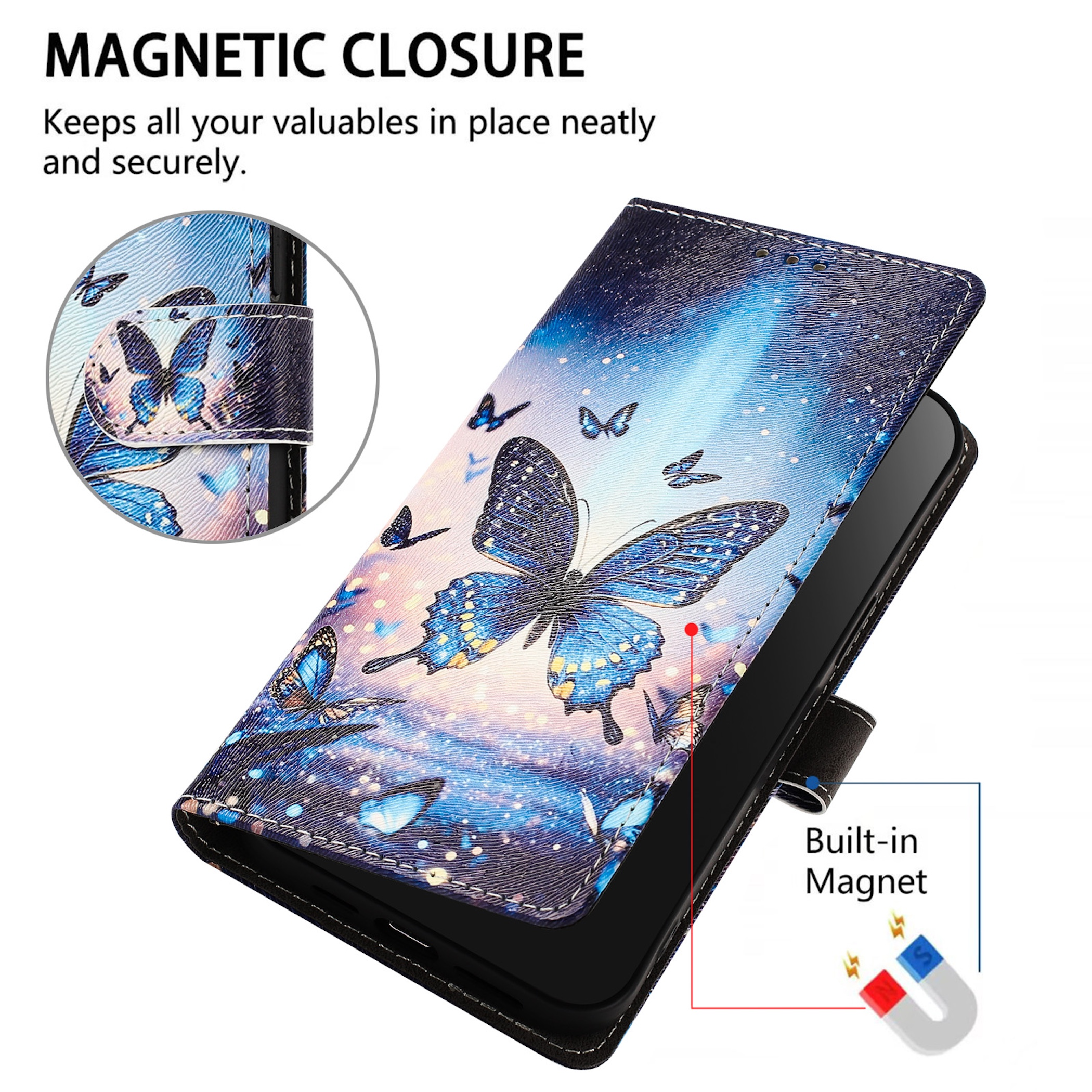 Eine Handyhülle mit blauem Schmetterlingsdesign und Magnetverschluss.