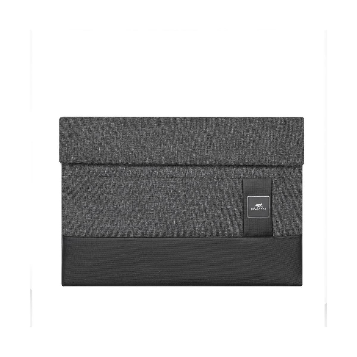 Eine dunkelgraue Laptoptasche aus Stoff mit schwarzem Lederboden und RIVACASE-Logo.
