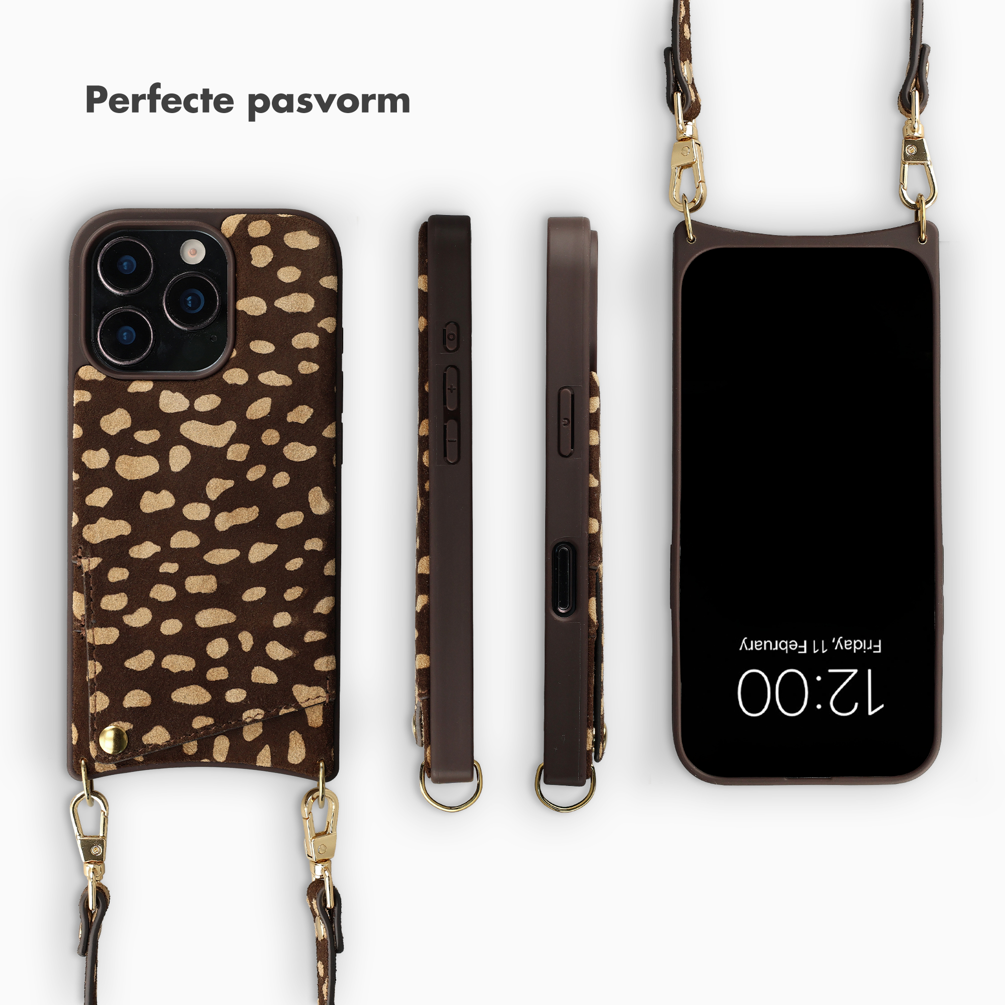 Étui de tél éphone marron à motif tacheté avec quincaillerie dorée.