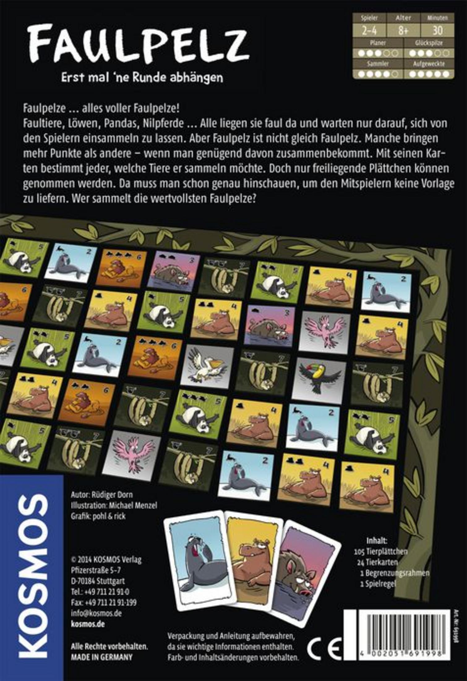 Brettspiel "Faulpelz": Spielbrett mit Tierkarten und Produktinformationen.