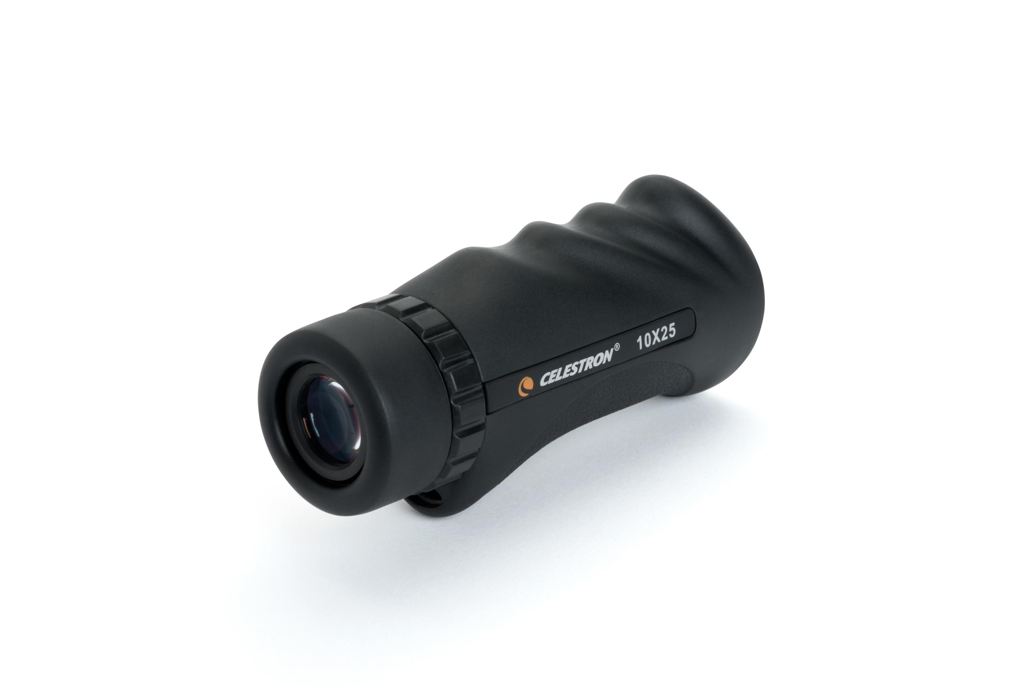 Schwarzes Celestron 10x25 Monokular mit gerilltem Griff und Objektivlinse.