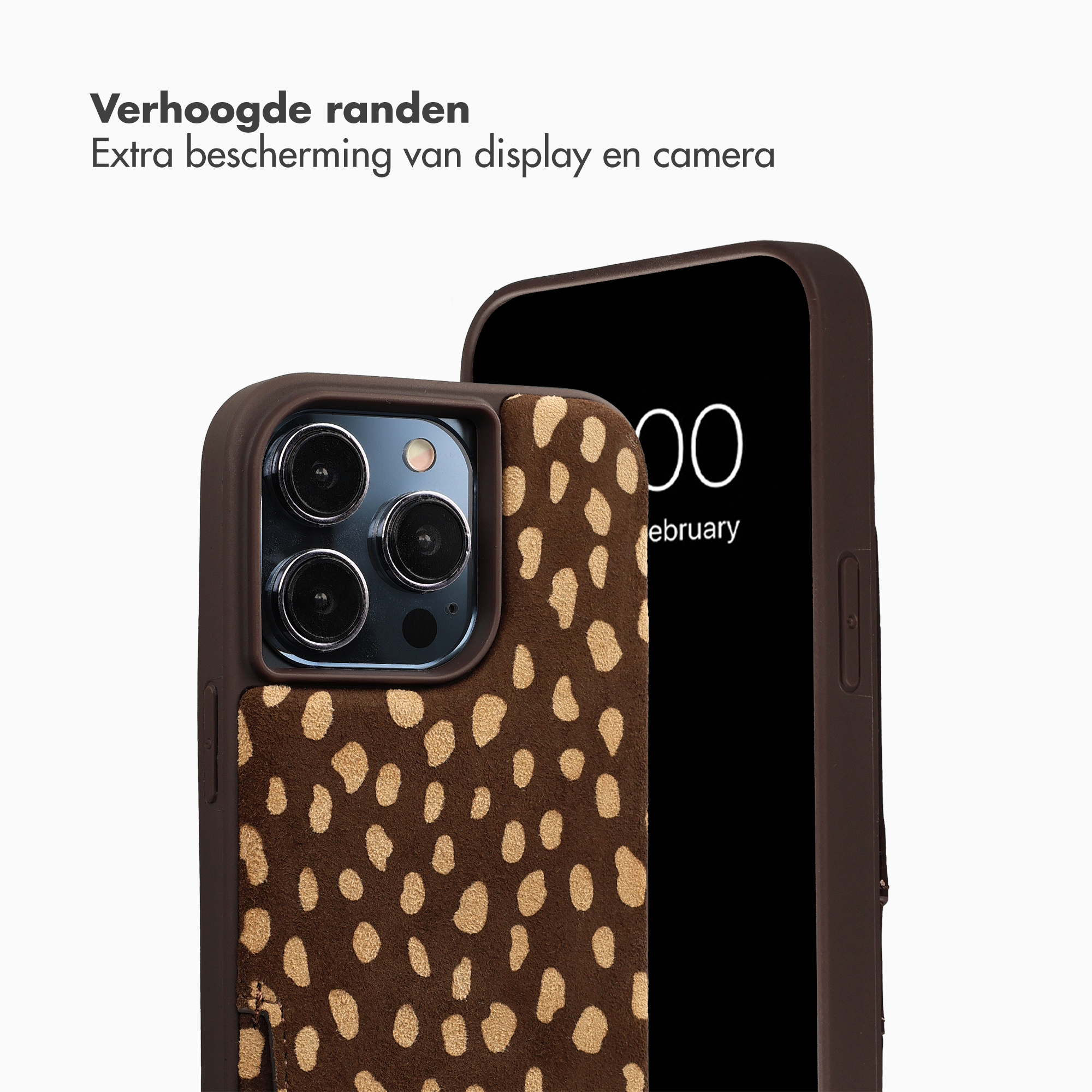 Braune Handyhülle mit Leopardenmuster, schützt Kamera und Display.