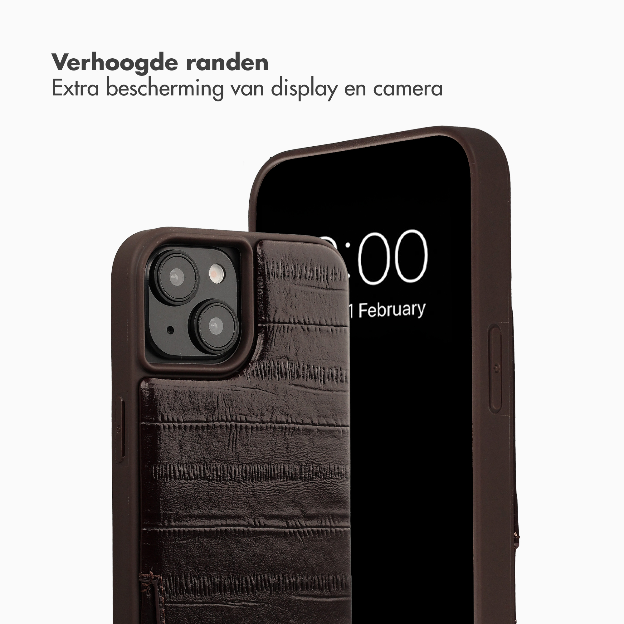 Brown phone case with crocodile leather texture, showing camera module and part of screen.