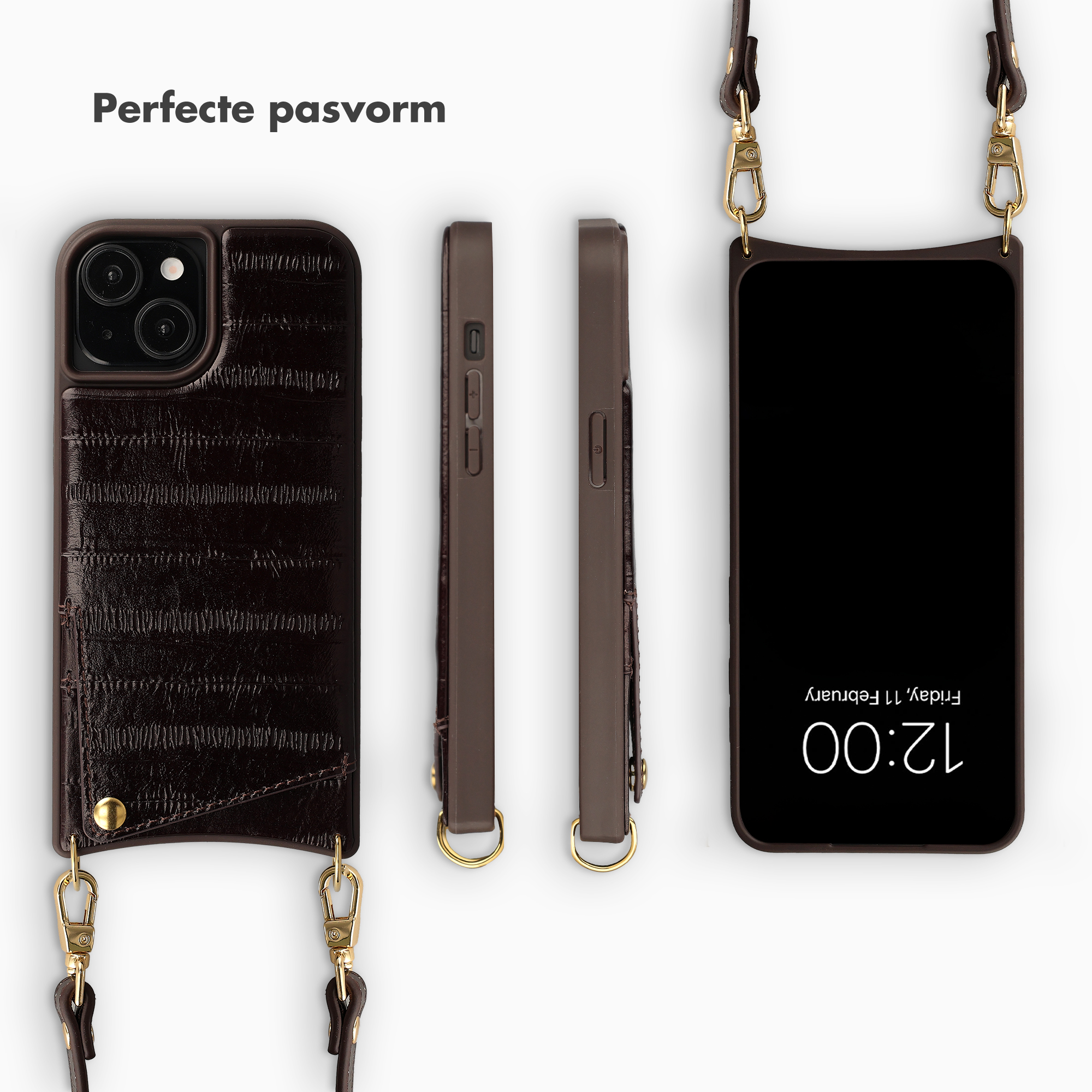 Dark brown textured phone case with strap, shown front, side, and in use.