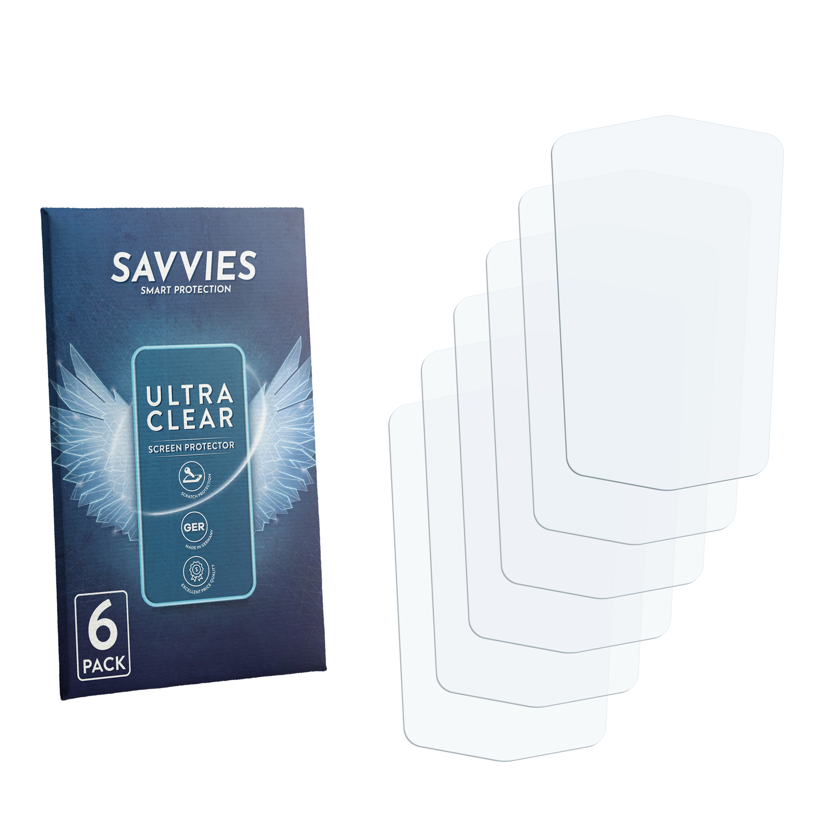 Verpackung mit 6 Stück Savvies Displayschutzfolien und einzelnen Folien daneben.
