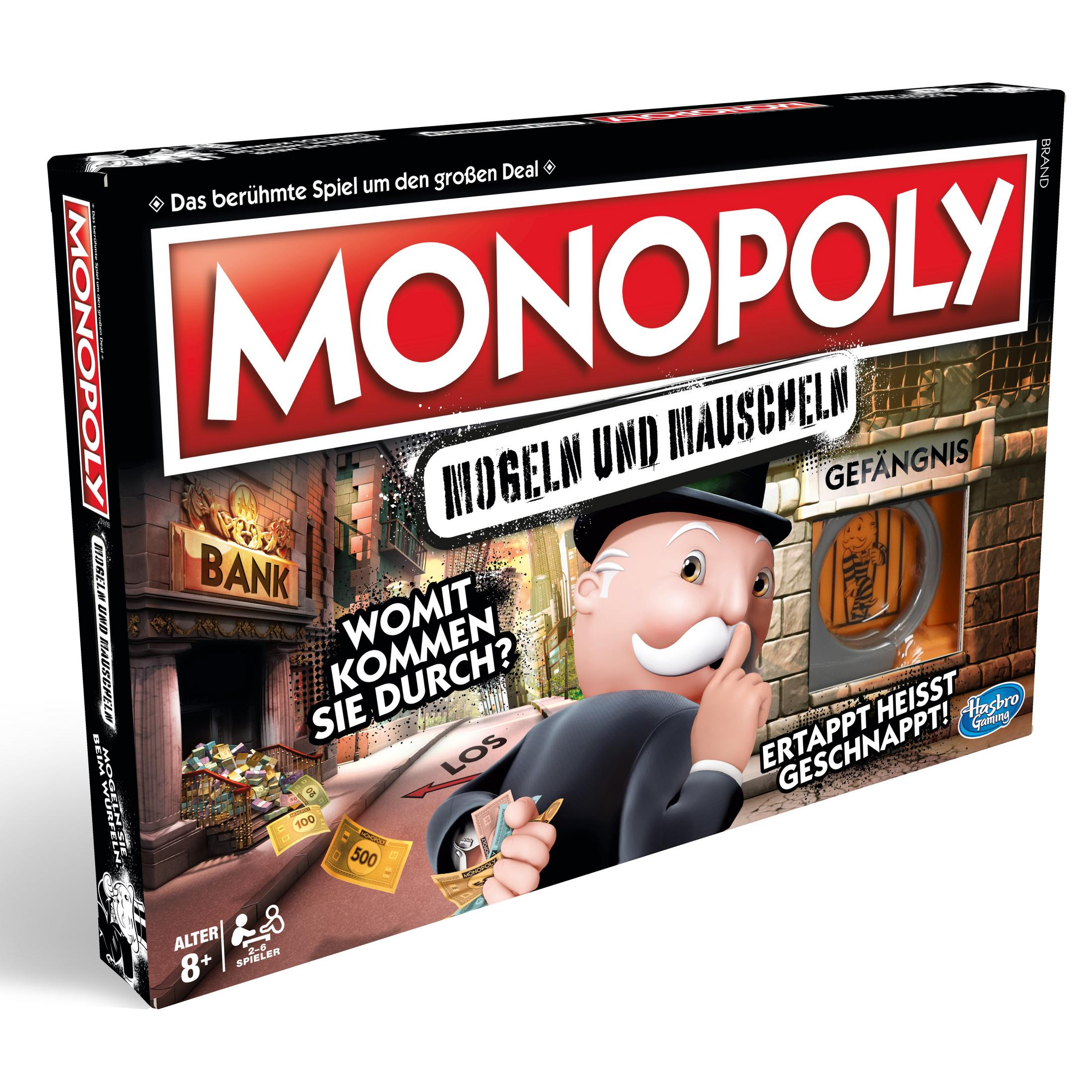 Monopoly-Spielschachtel mit Mr. Monopoly, Bank, Gefängnis und Geld.