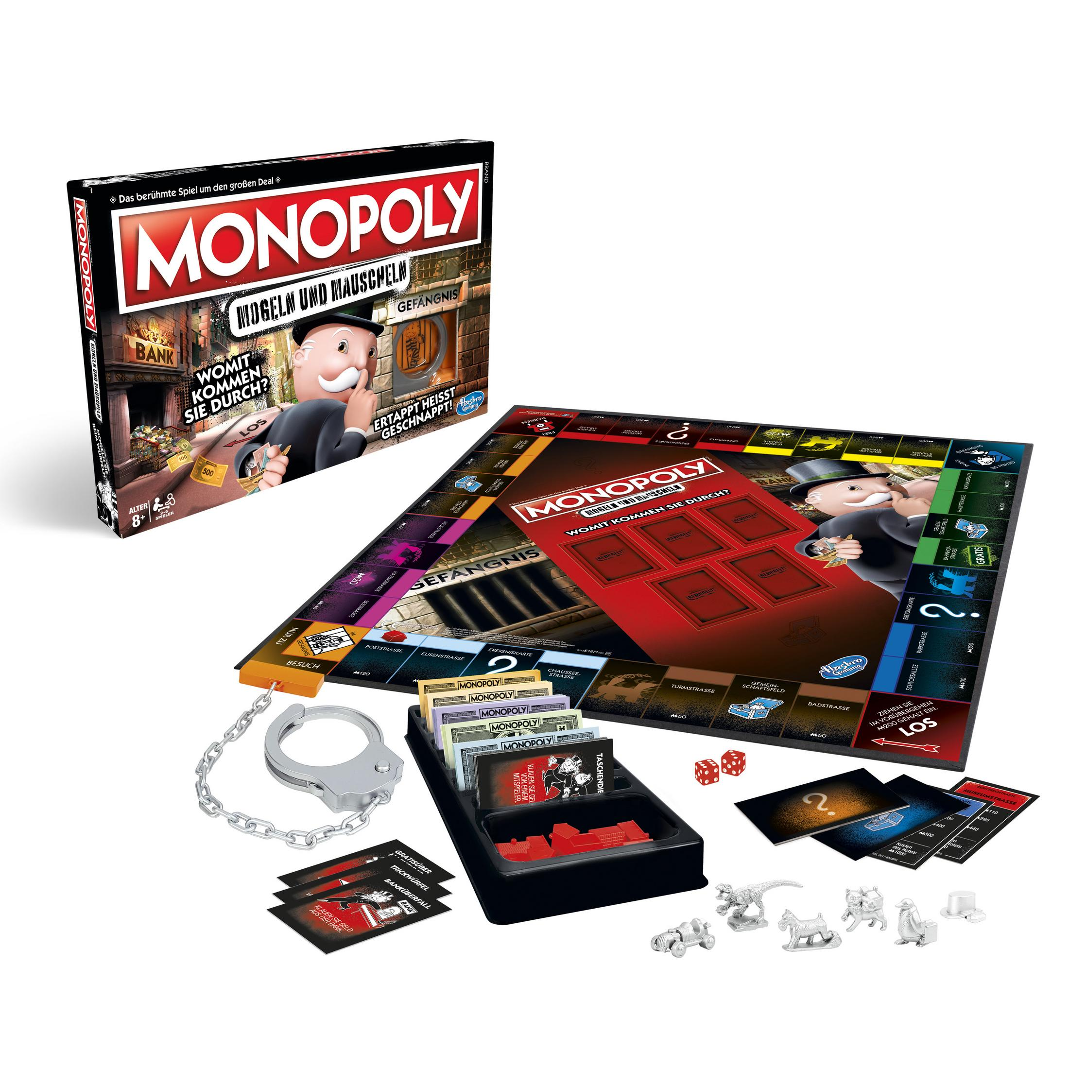 Monopoly "Mogeln und Mauscheln" Spielschachtel und Brett mit Zubehör, Würfeln und Karten.