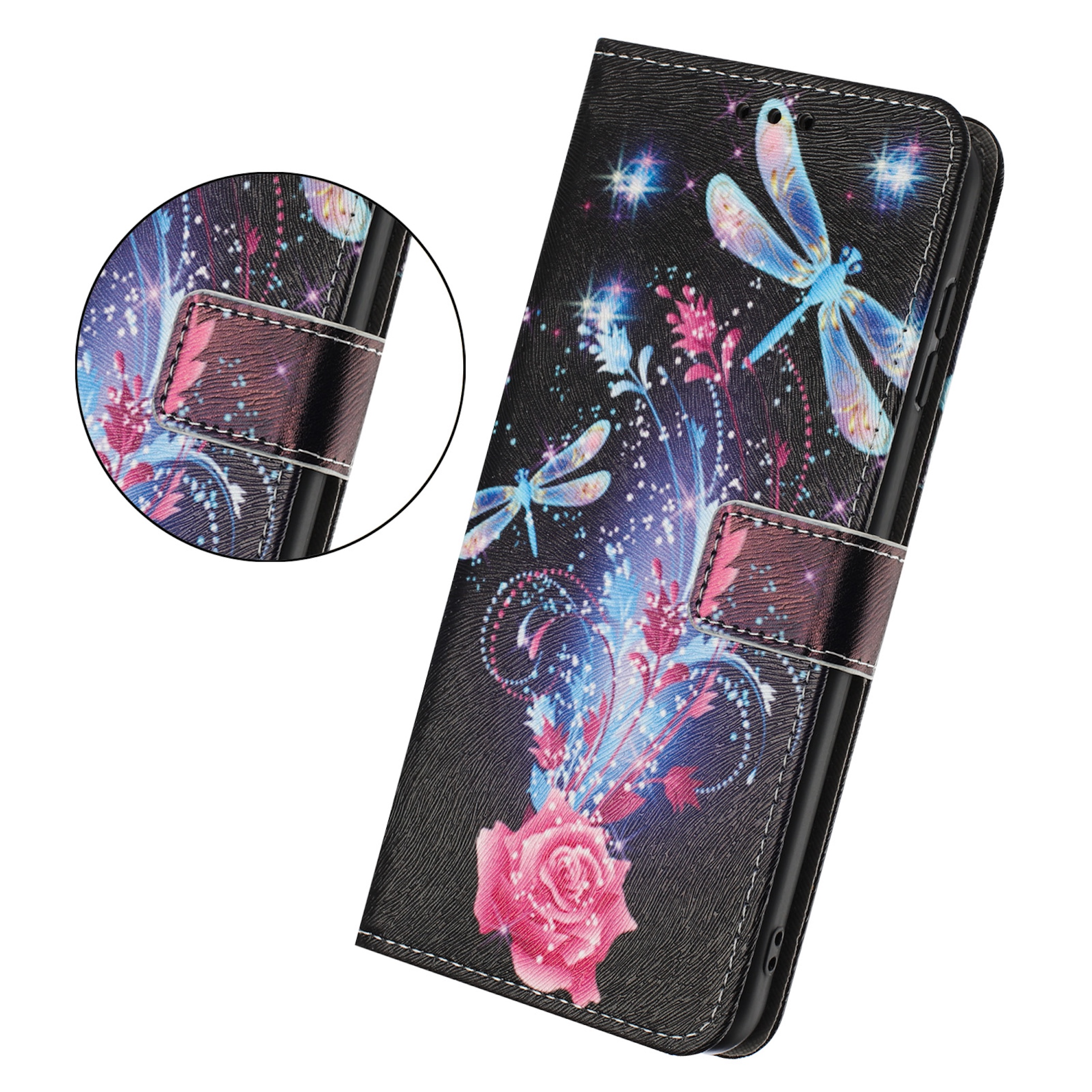 Schwarze Handyhülle mit Libellen, Blumen und Glitzer auf schwarzem Hintergrund.