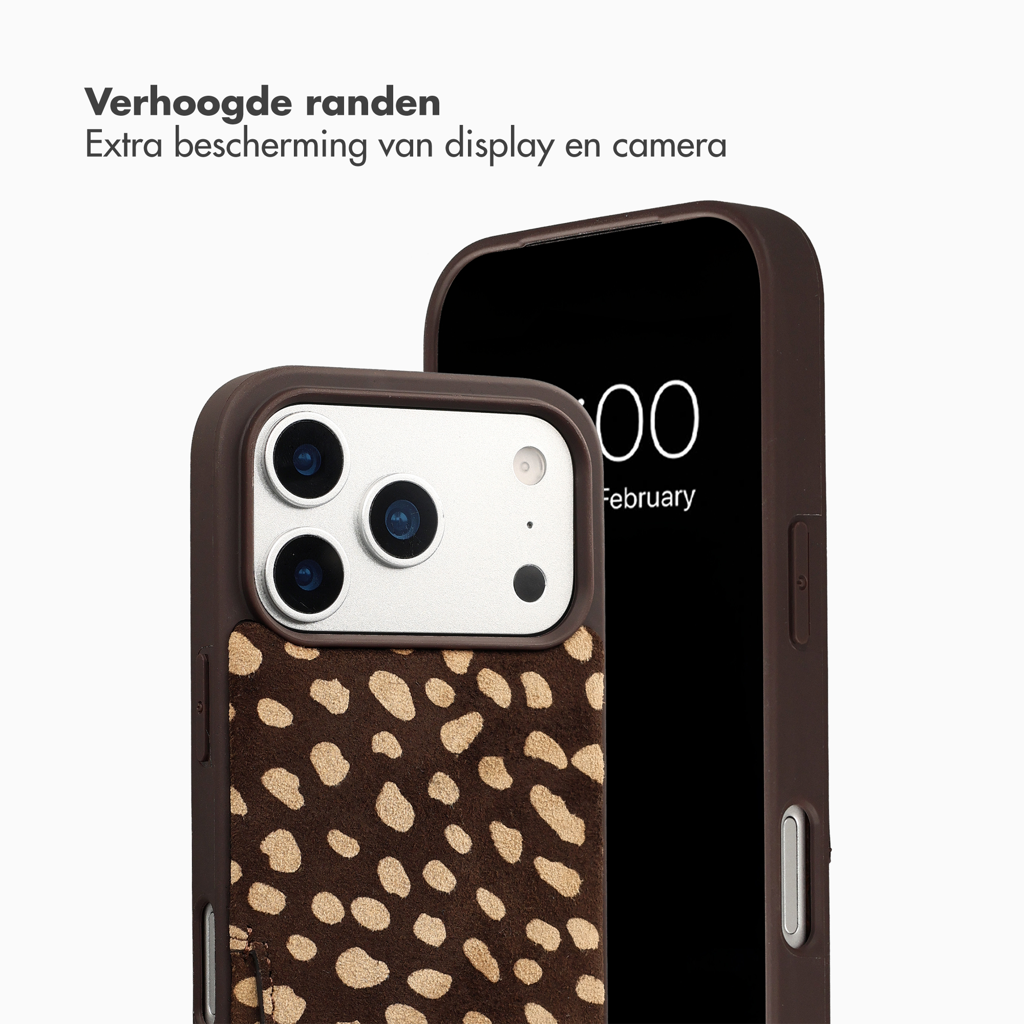 Braune Handyhülle mit Leopardenmuster, Kamera und Display.