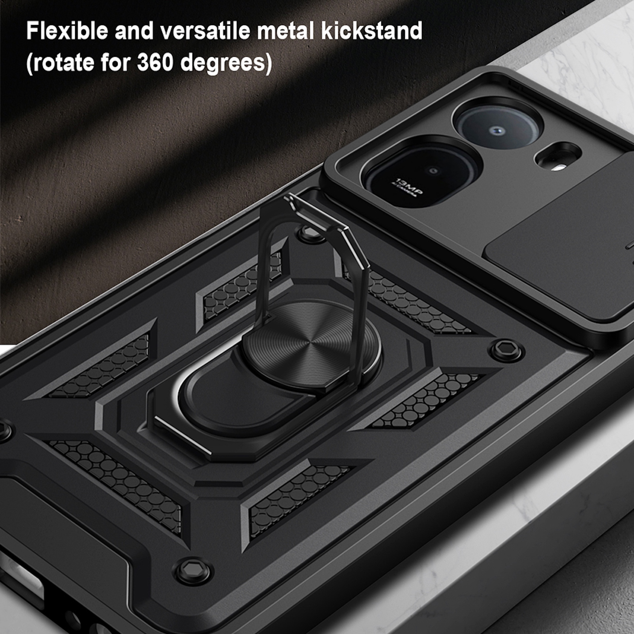 Schwarze Handyhülle mit 360-Grad-Kickstand und Kameraschutz.