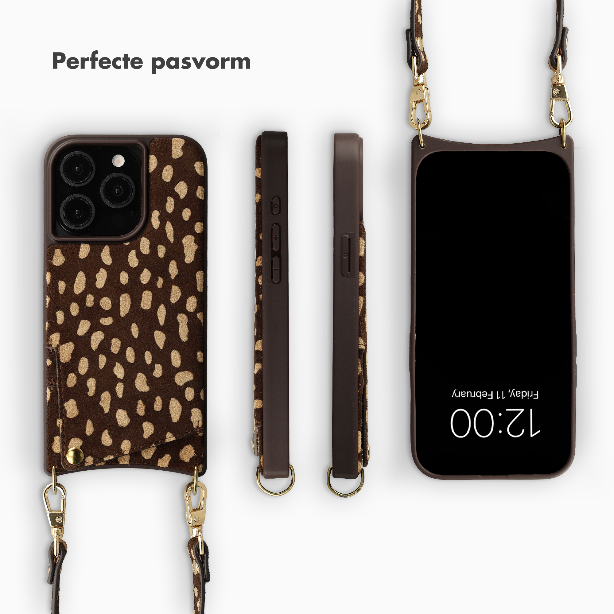 Coque de téléphone marron imprimé guépard avec sangle et quincaillerie dorée.