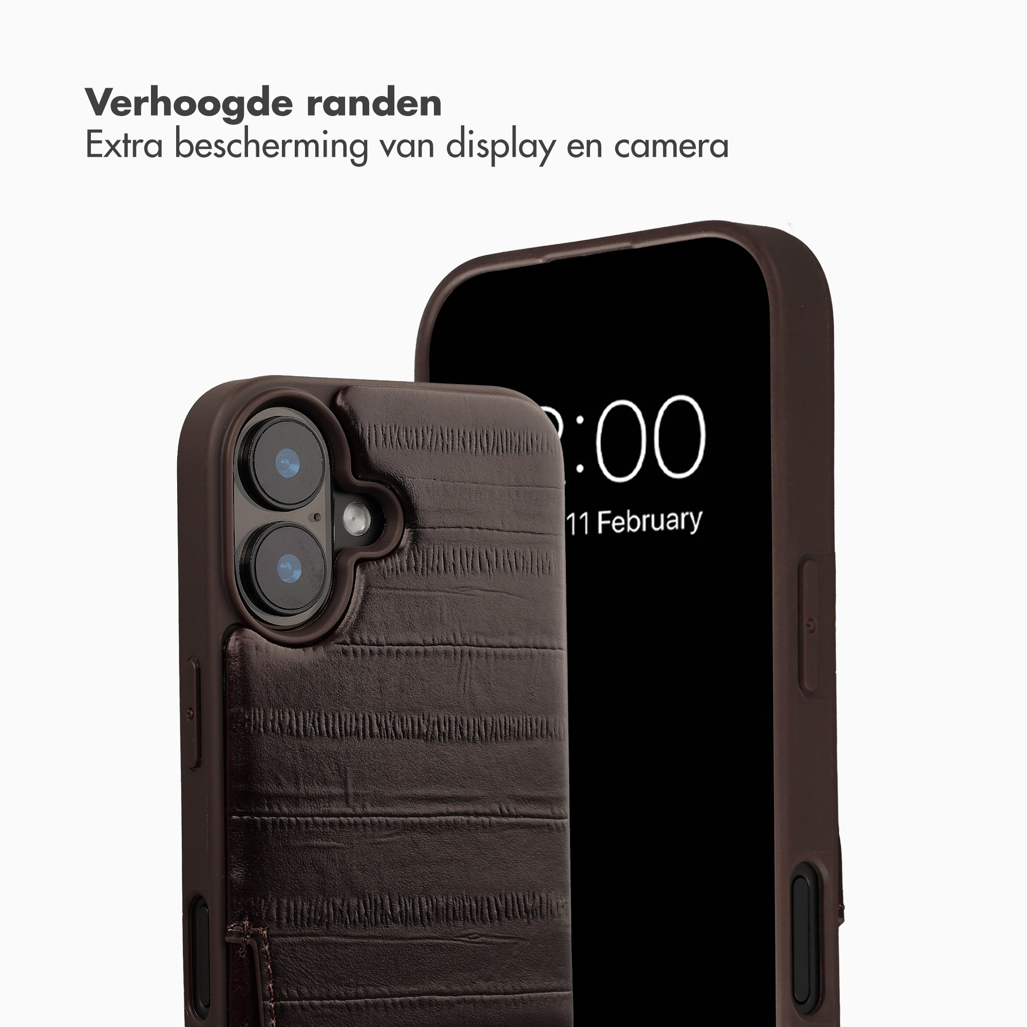Dunkelbraune Handyhülle mit Textur, die eine Kamera und einen Teil des Bildschirms bedeckt.