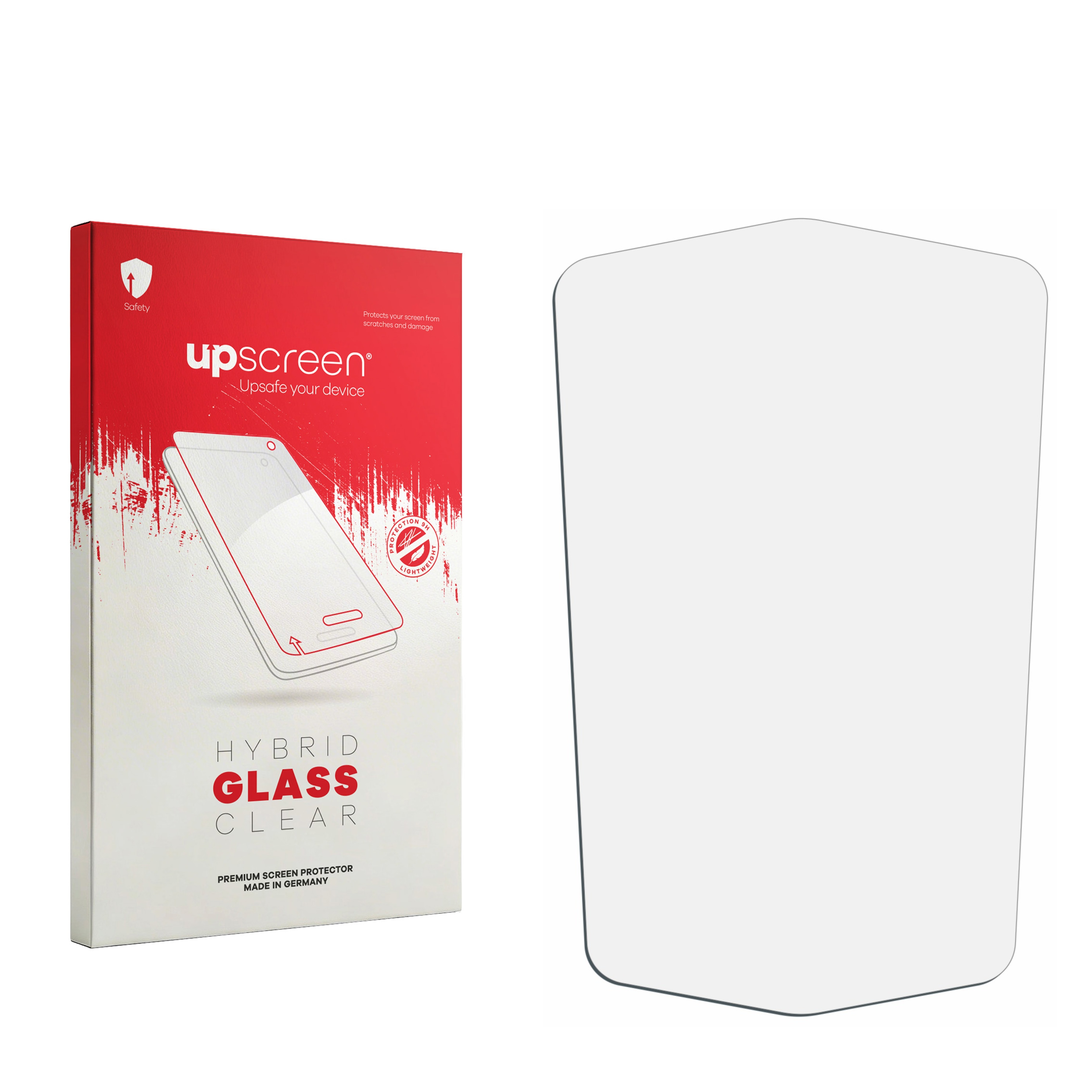 Rote Verpackung für "upscreen Hybrid Glass Clear" Displayschutzfolie, daneben die Folie.