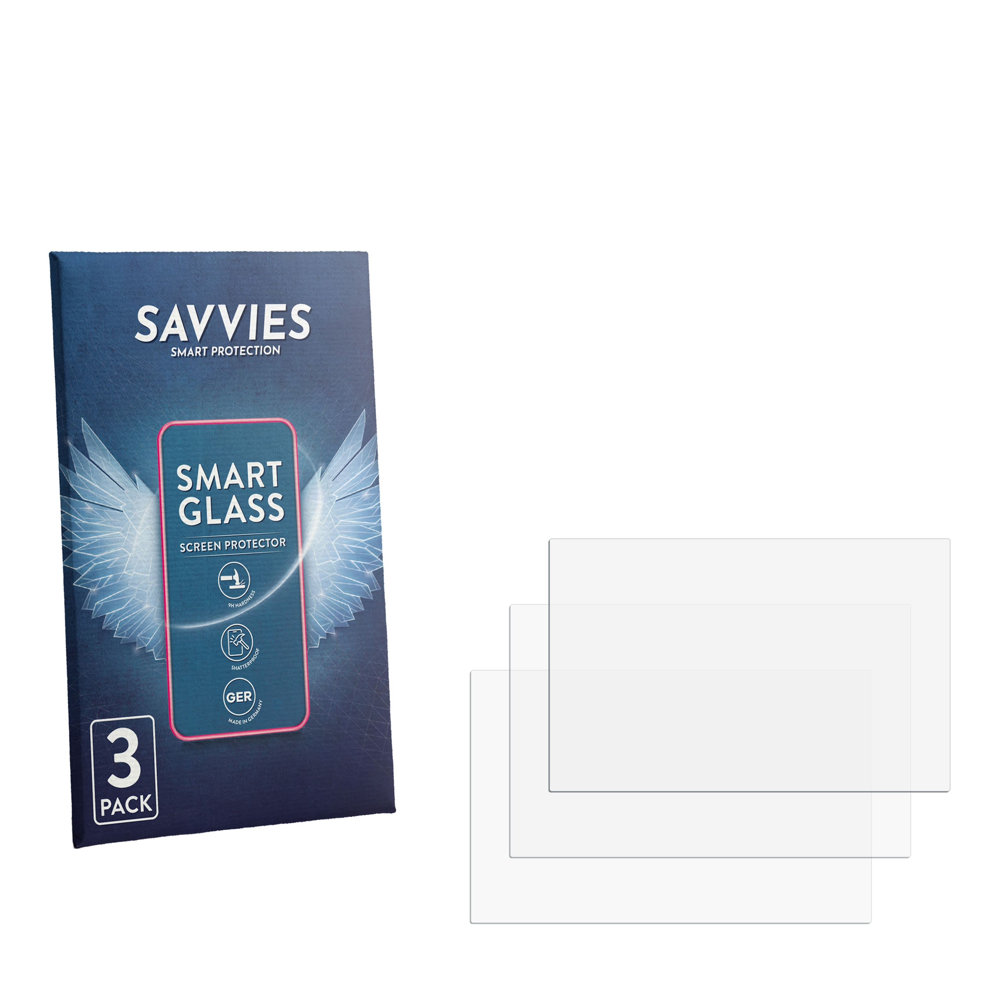 Verpackung für Savvies Smart Glass Displayschutzfolien, 3 Stück, mit transparenten Schutzfolien.