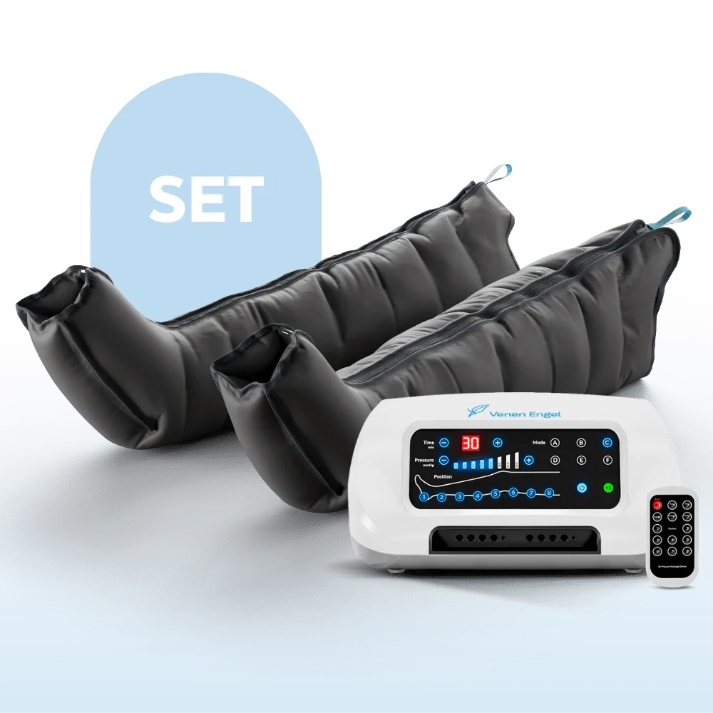 Un appareil Venen Engel avec deux manchettes de compression noires et une télécommande.