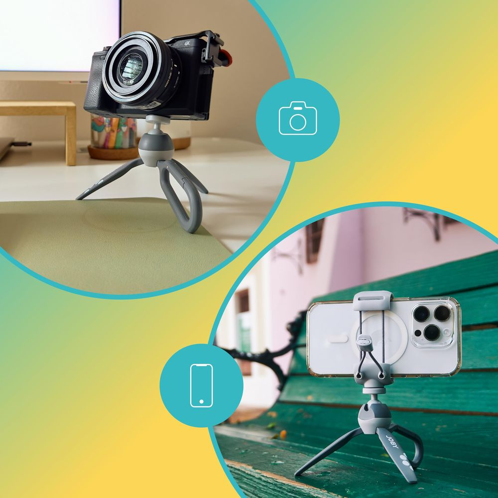 Treppiede compatto con fotocamera e smartphone su sfondo verde.