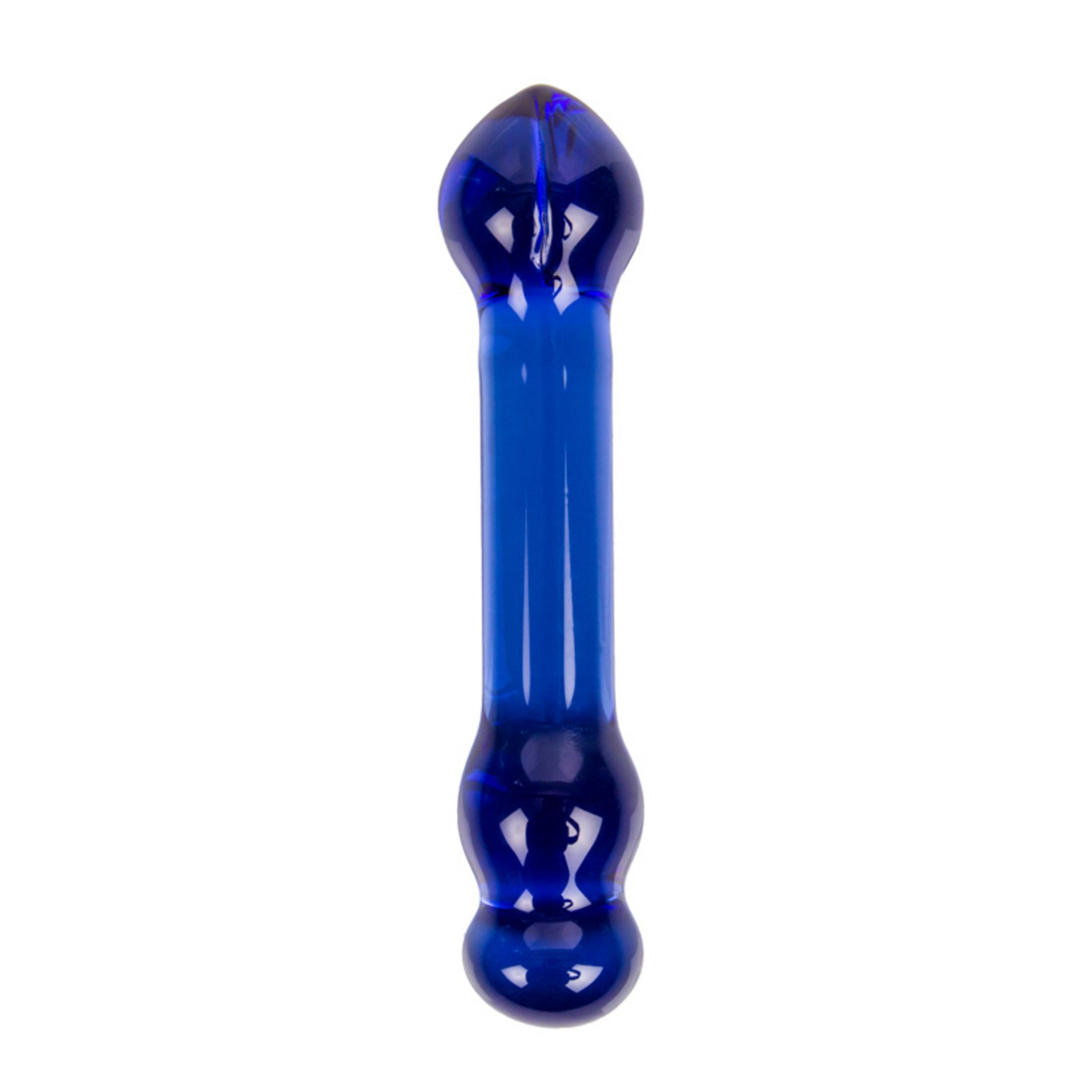 Ein glänzendes, blaues Glasobjekt mit einer spitzen Oberseite und einer abgerundeten Unterseite.