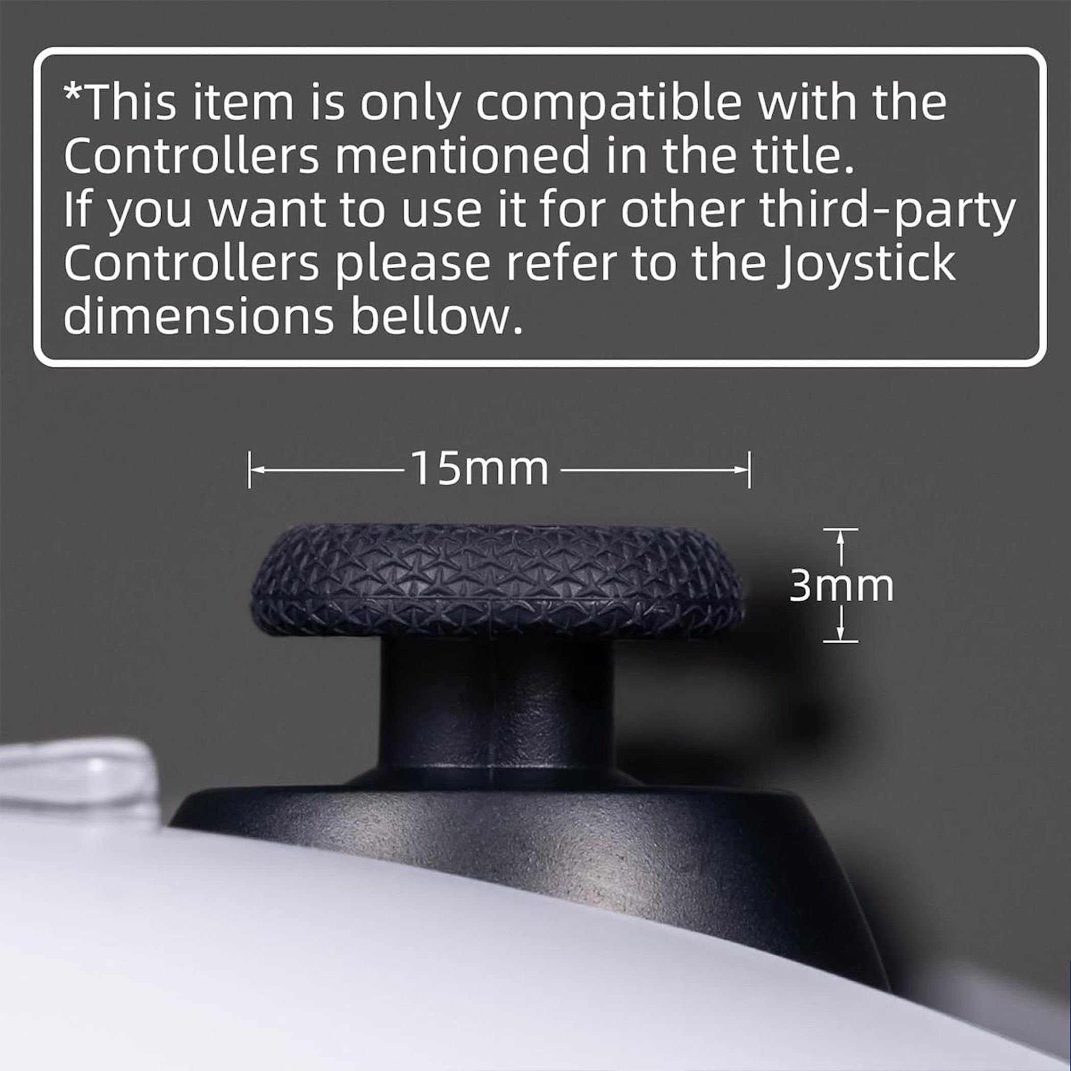 Nahaufnahme eines schwarzen Joystick-Aufsatzes mit Maßangaben 15mm und 3mm.