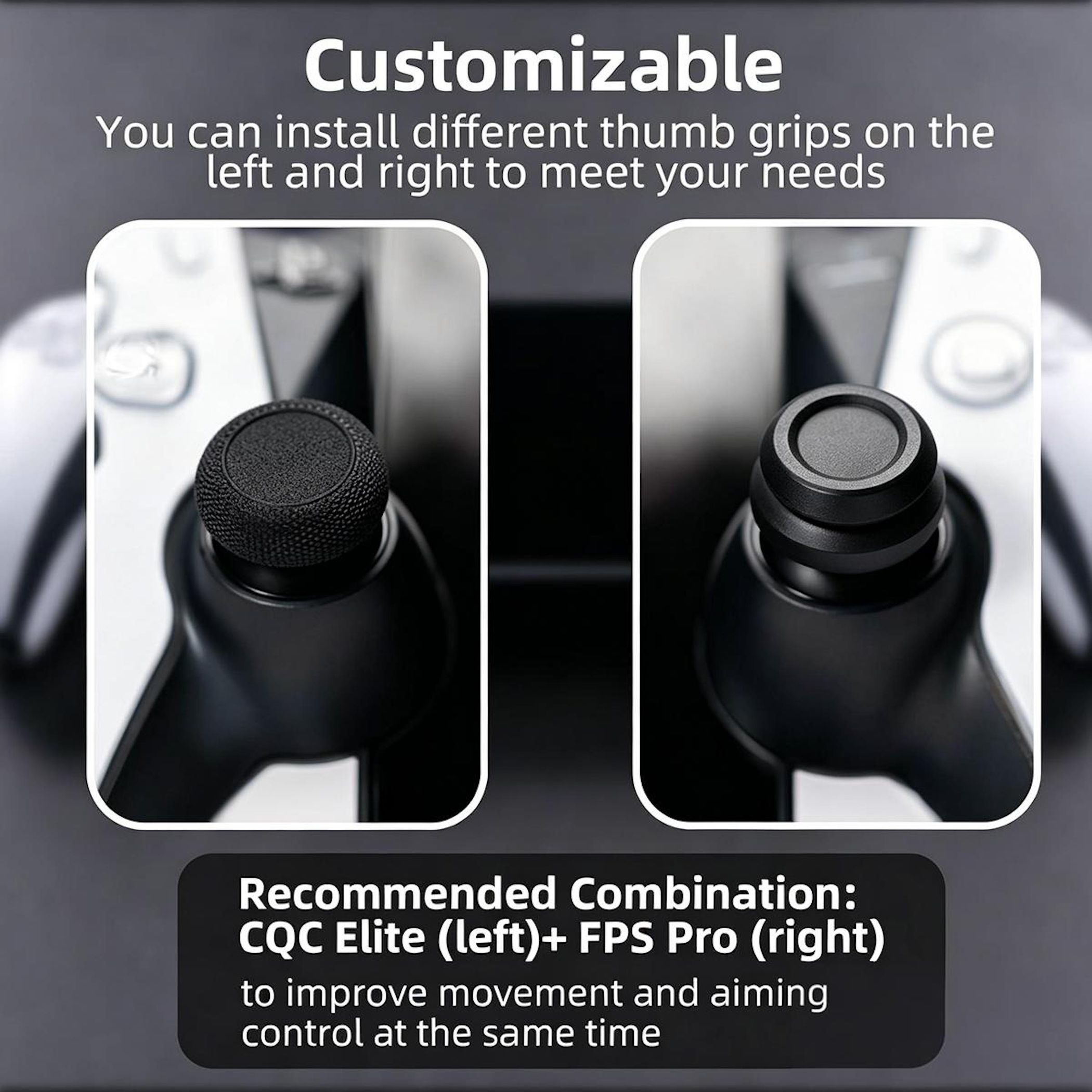 Zwei Controller-Joysticks mit verschiedenen Griffen für Anpassung.