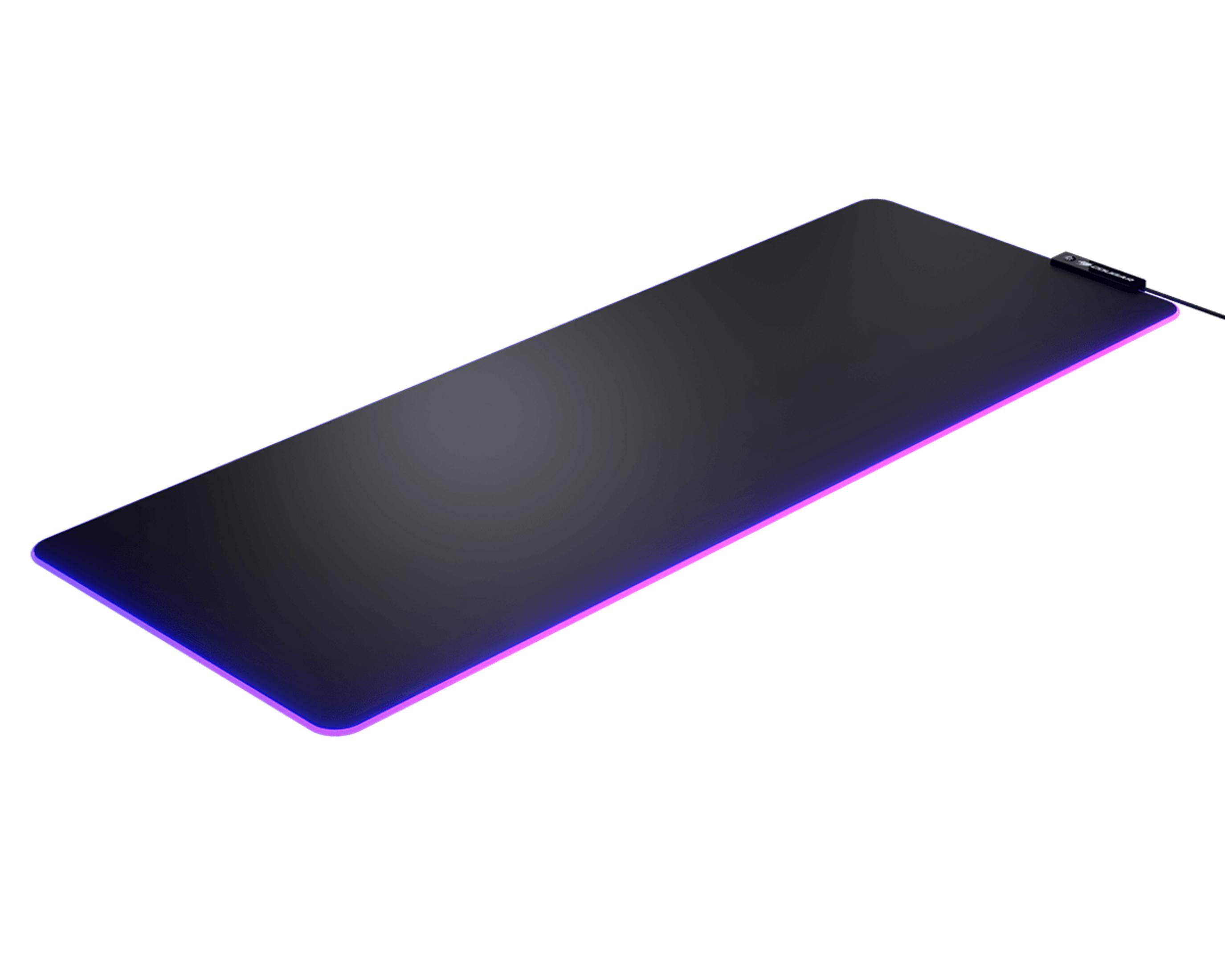 Eine schwarze Mausunterlage mit RGB-Beleuchtung am Rand.