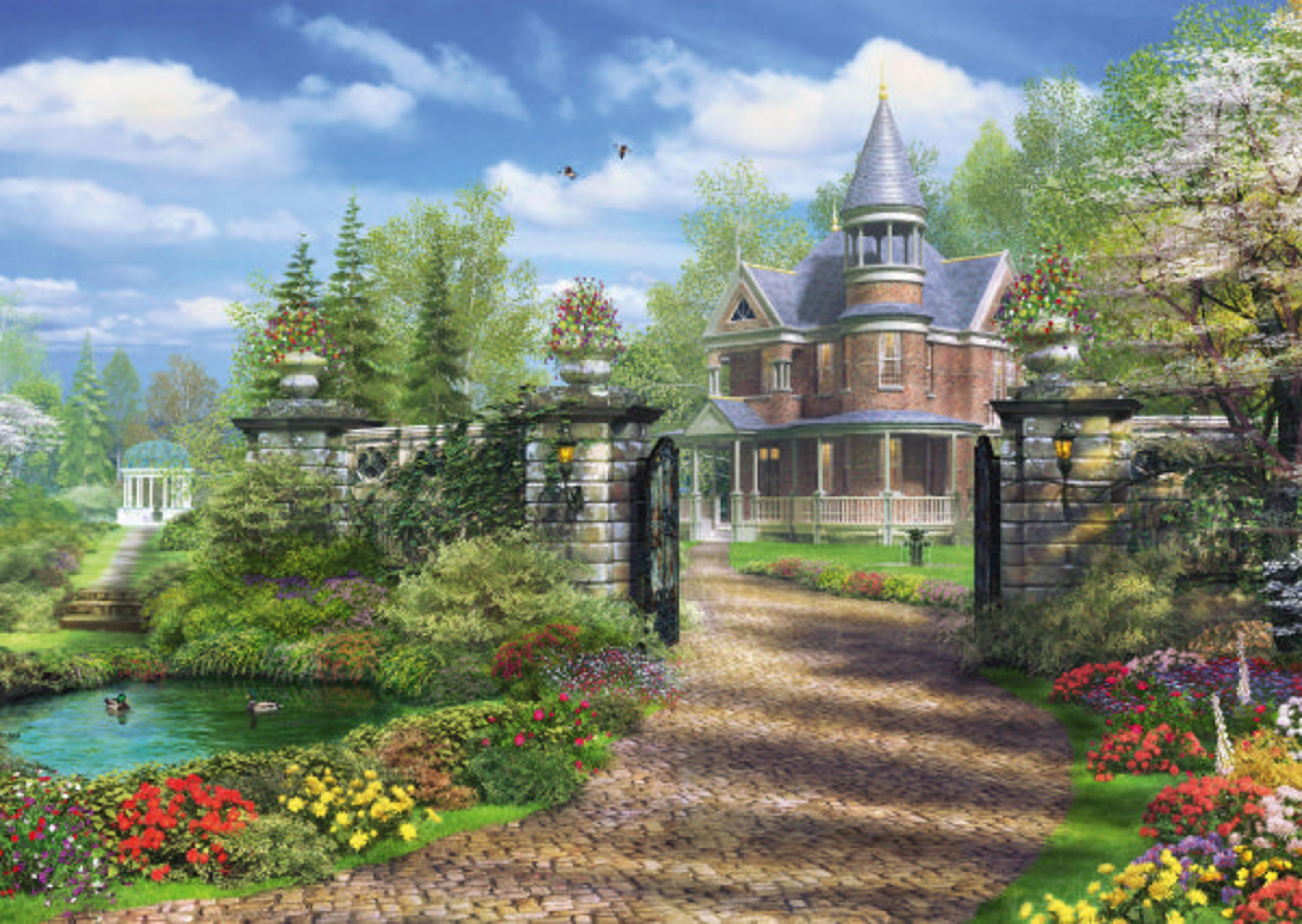 Une maison en brique avec une tour, entourée de verdure et de fleurs.